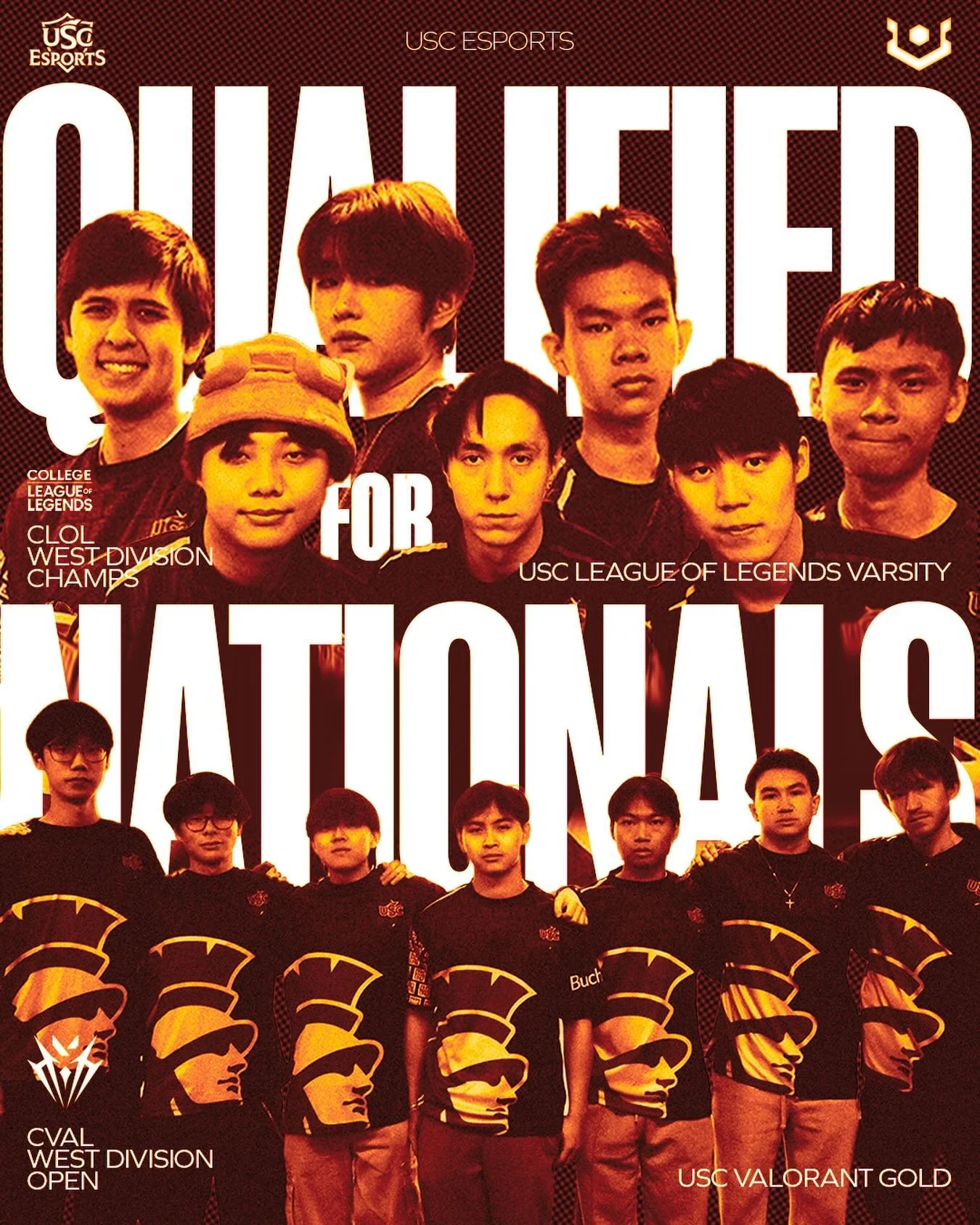 ❤️💛 USC IS NATIONALS BOUND ❤️💛

HUGE congrats to our League of Legends Varsity and Valorant Gold teams for qualifying for CLOL &amp; CVAL NATIONALS 🏆🏅🔥

sending them all our support as they challenge the best collegiate esports teams in the coun
