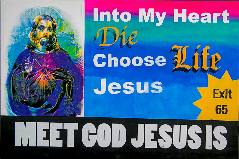 Route to Salvation (2021) - screenprint and acylic on canvas - 6' x 3'