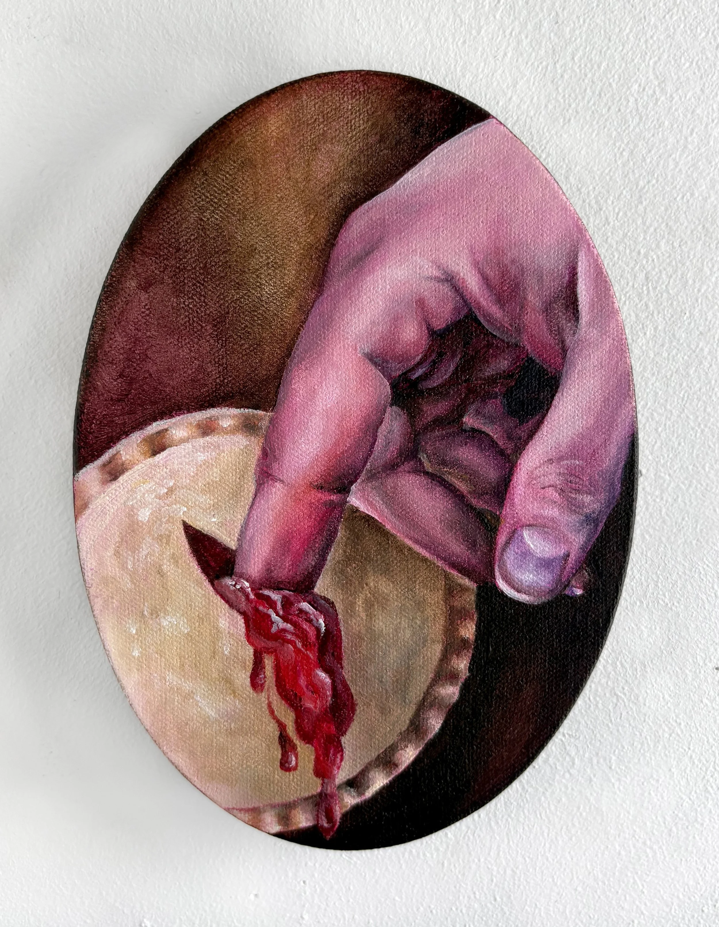 Doubting Smuckers (after Caravaggio), Acrylic on canvas, 4" x 7", 2026