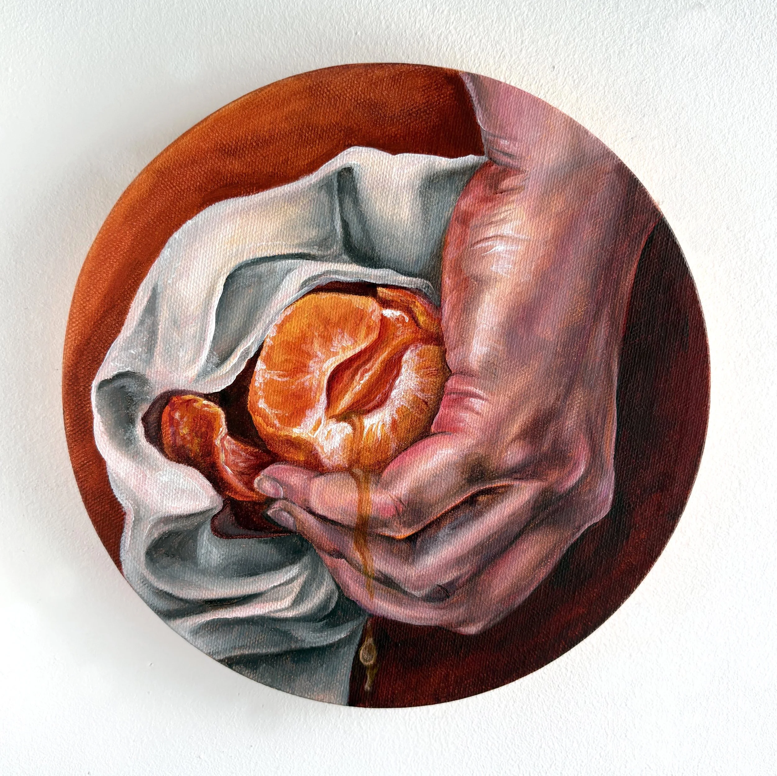 Noli Me Tangerine (After Titian), Acrylic on canvas, 8" diameter, 2026