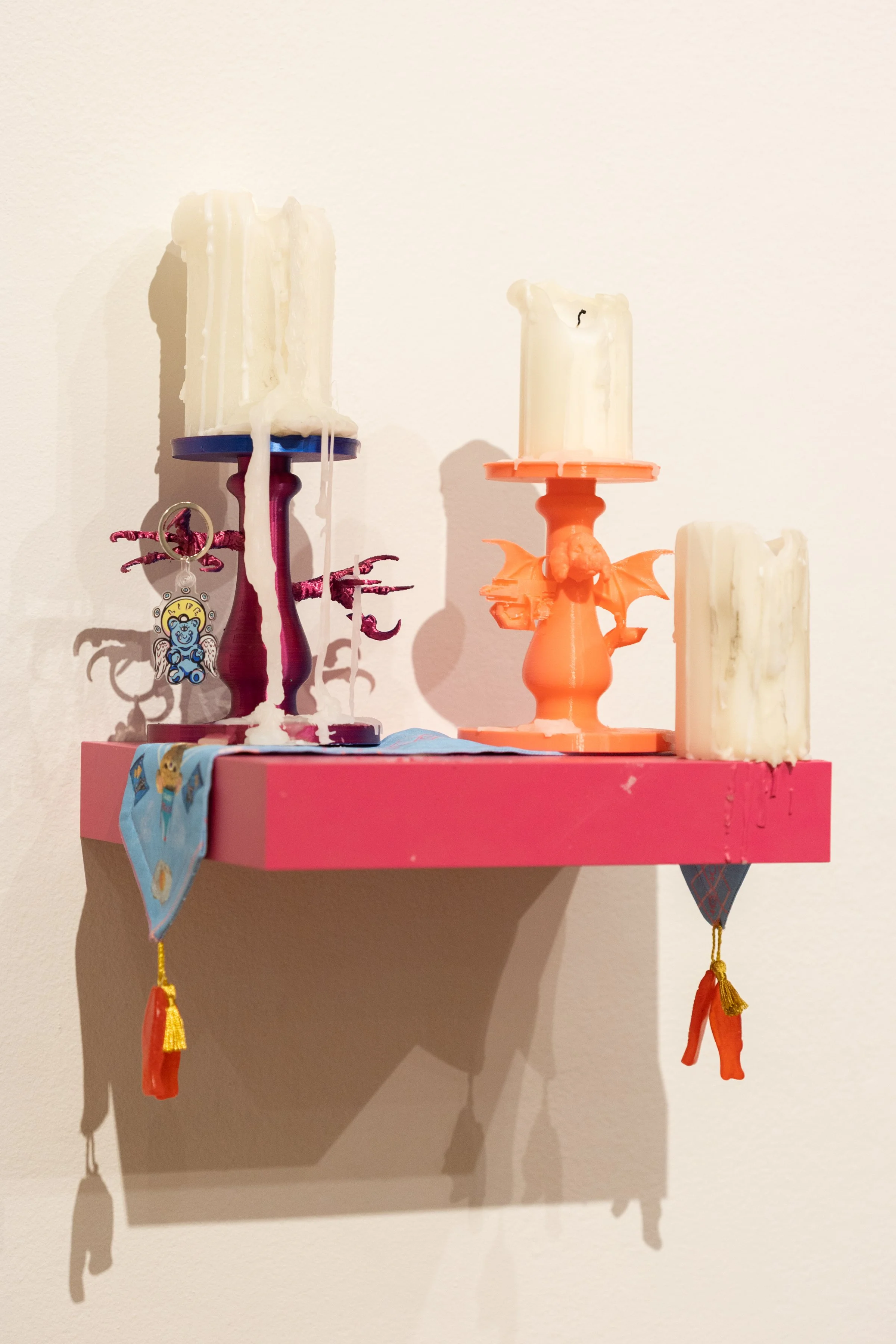 Detail of installation with fabric work and 3D printed candle holders