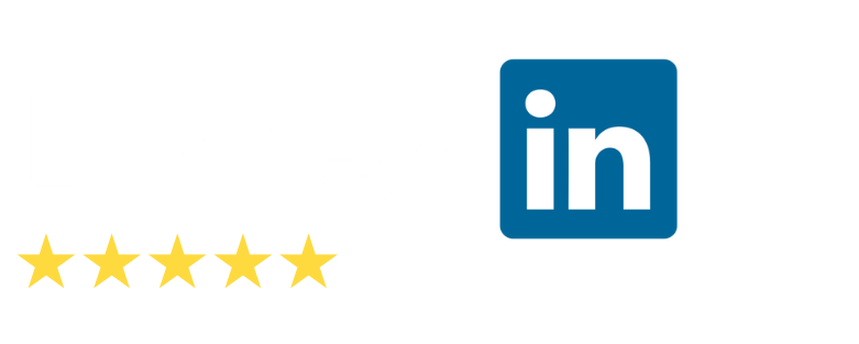 LinkedIn logo with five gold stars below.