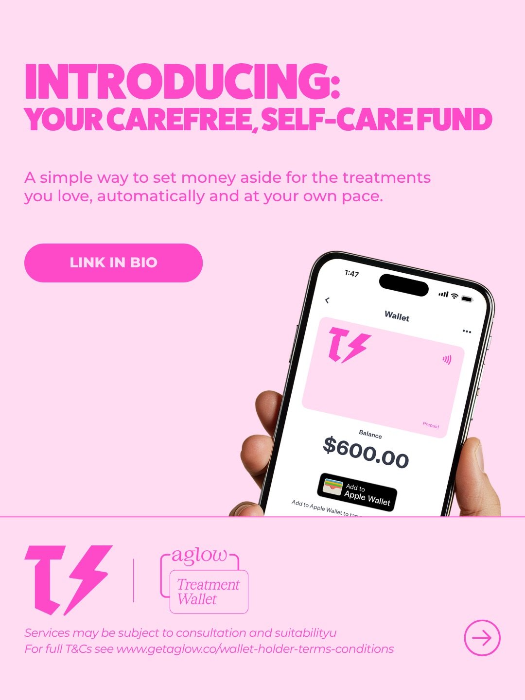 The Tuesday Skin treatment wallet by @aglow_app is LIVE ⚡️ 

This self-care fund is perfect for baddies who need a little helping hand saving for the treatments they love. Choose how much you want to put aside, how often and let it build in the backg
