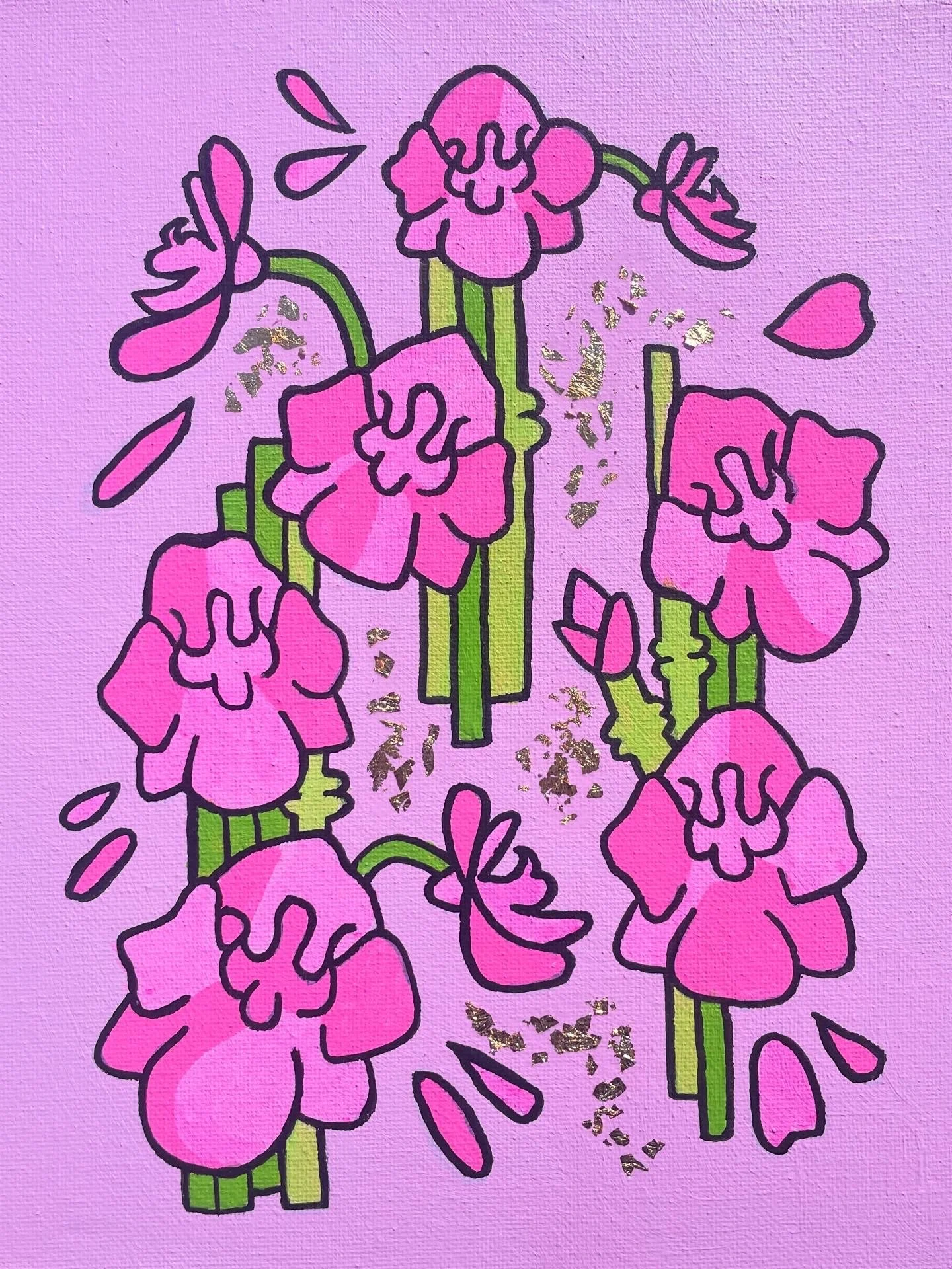 "Highlighter Orchids" 8x10 inches, acrylic and gold flakes on canvas