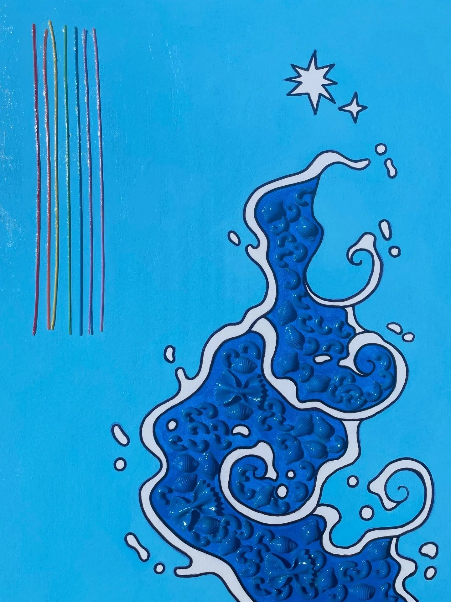 "Macaroni Waves" 16x20 inches, acrylic and noodles on canvas