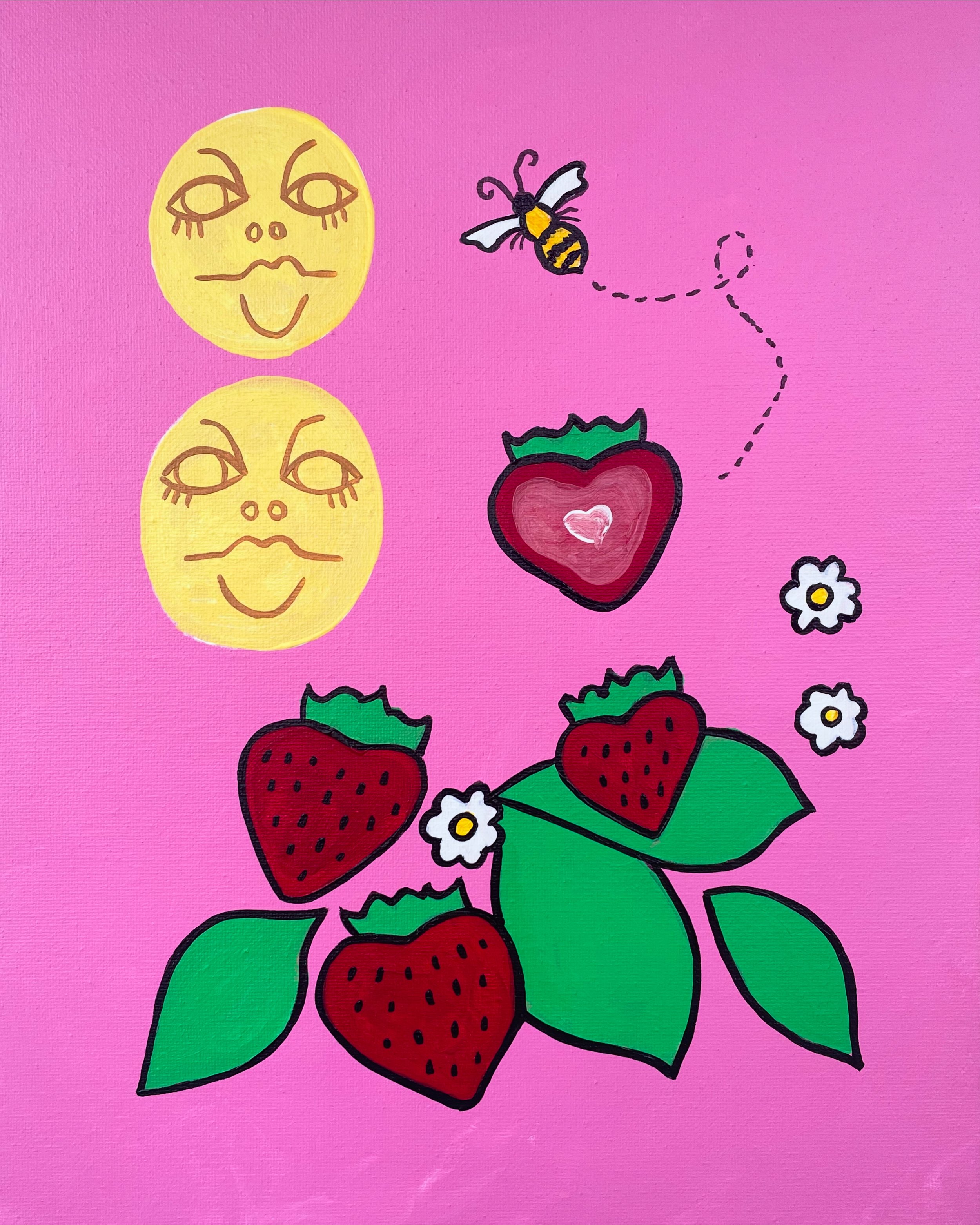 "Honey Faces & Strawberries" 11x14 inches, acrylic on canvas