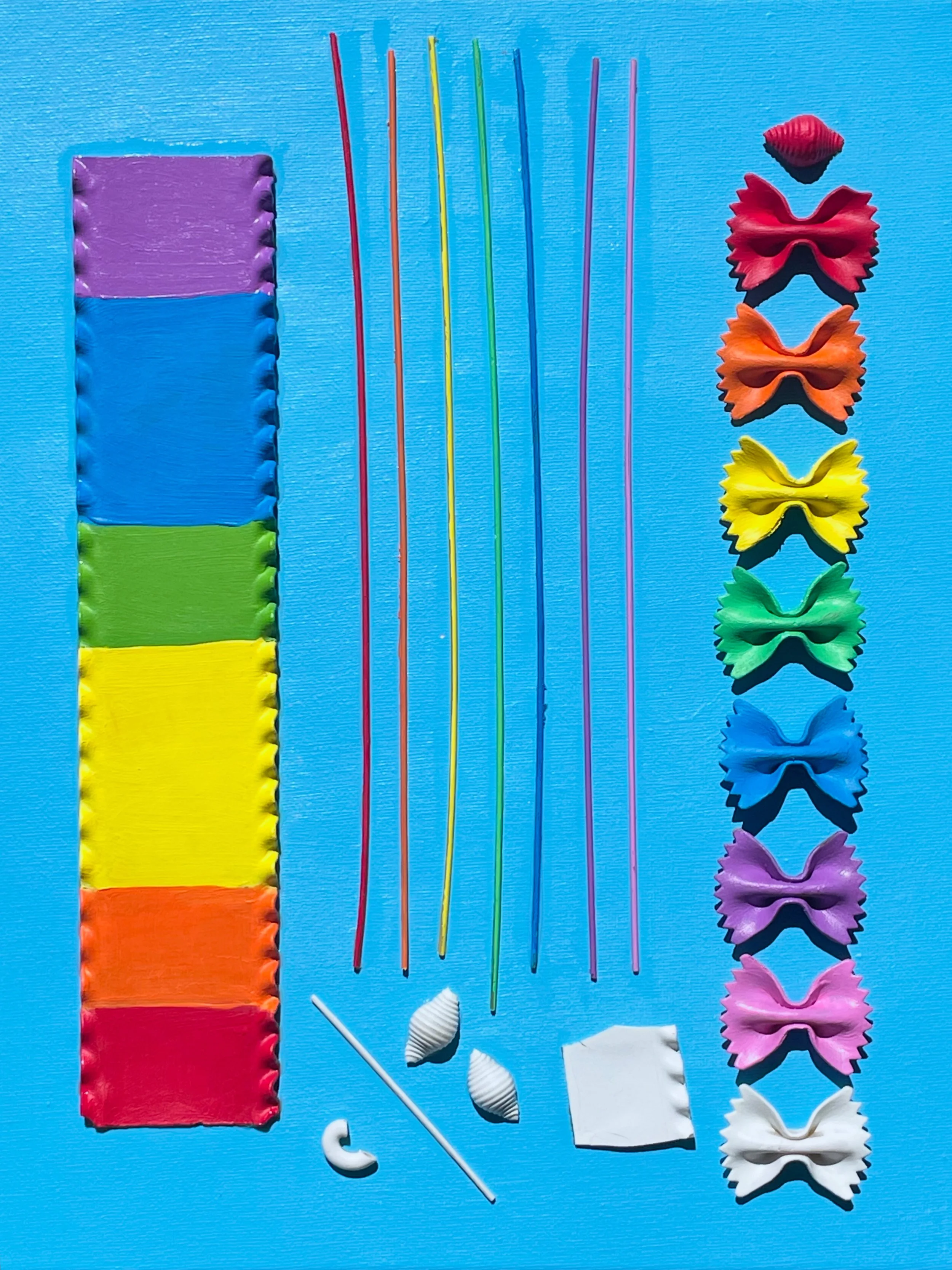 "Rainbow noodles under a blue sky" 11x14 inches, acrylic and noodles on canvas