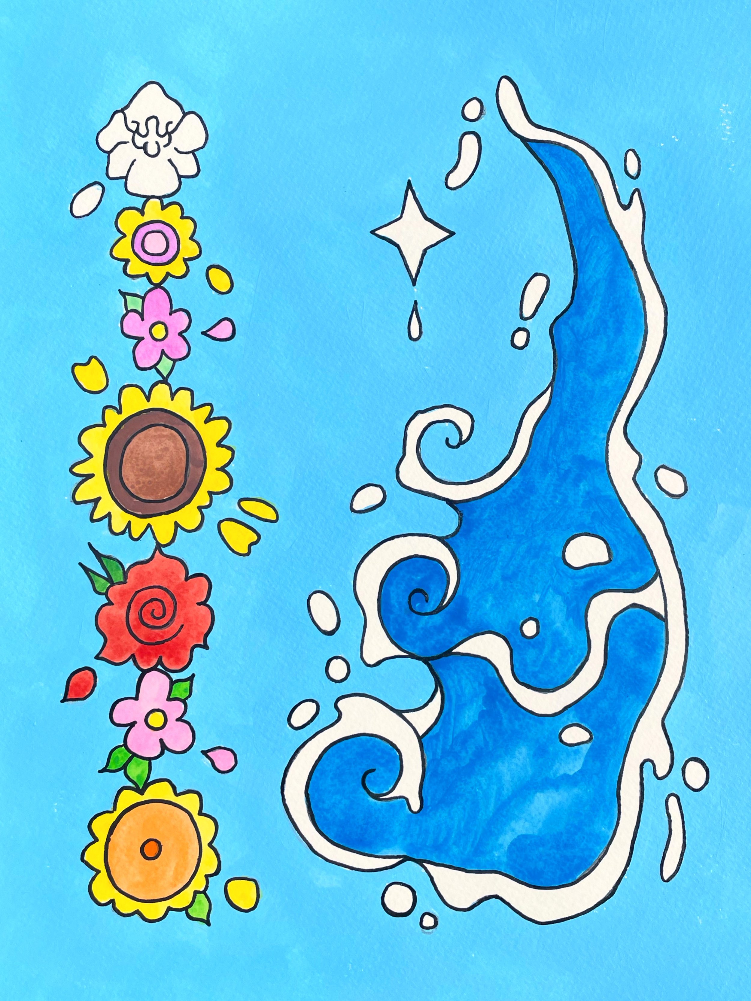 "Flower Chain & Ocean Waves" 9x12 inches, acrylic and watercolor on paper