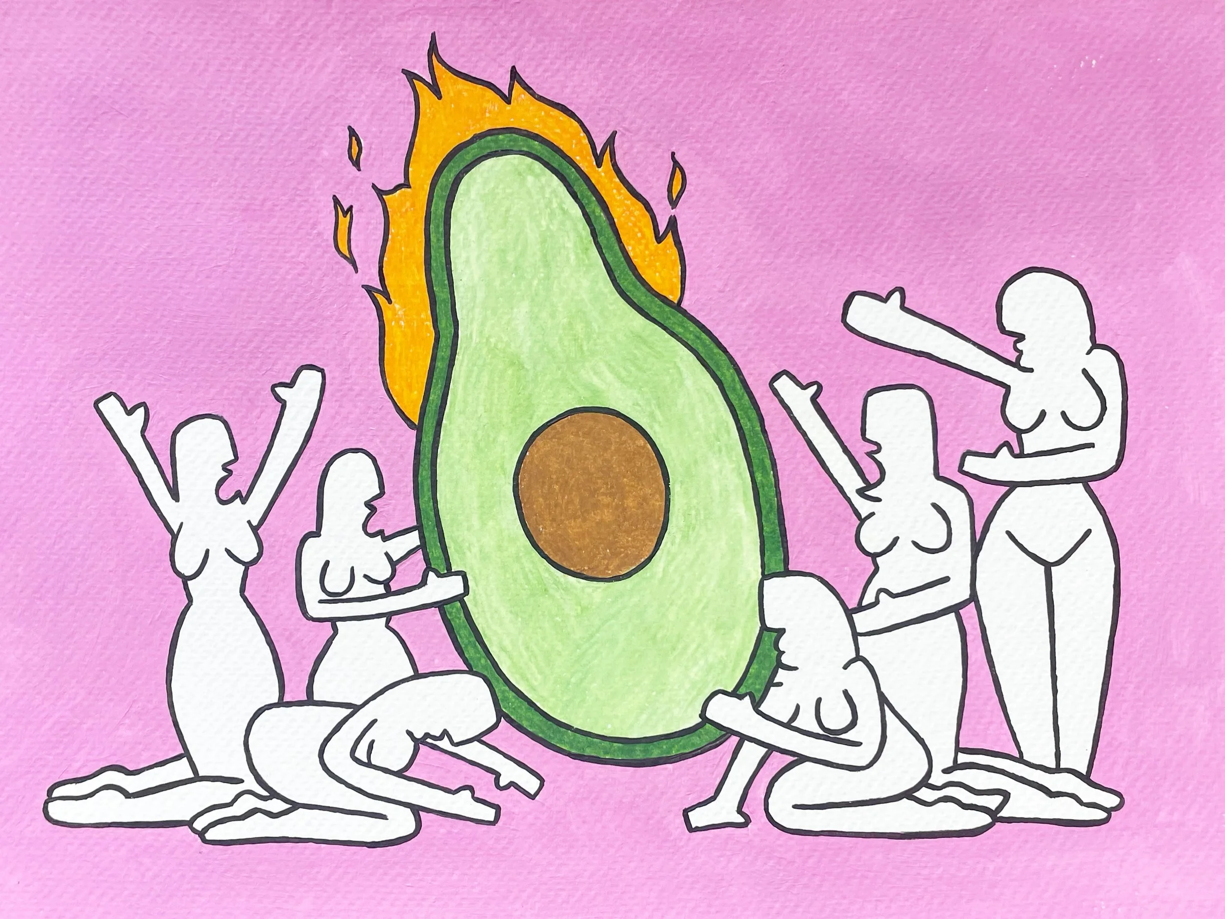 "All Hail the Avocado God" 9x12 inches, acrylic and prisma color on paper