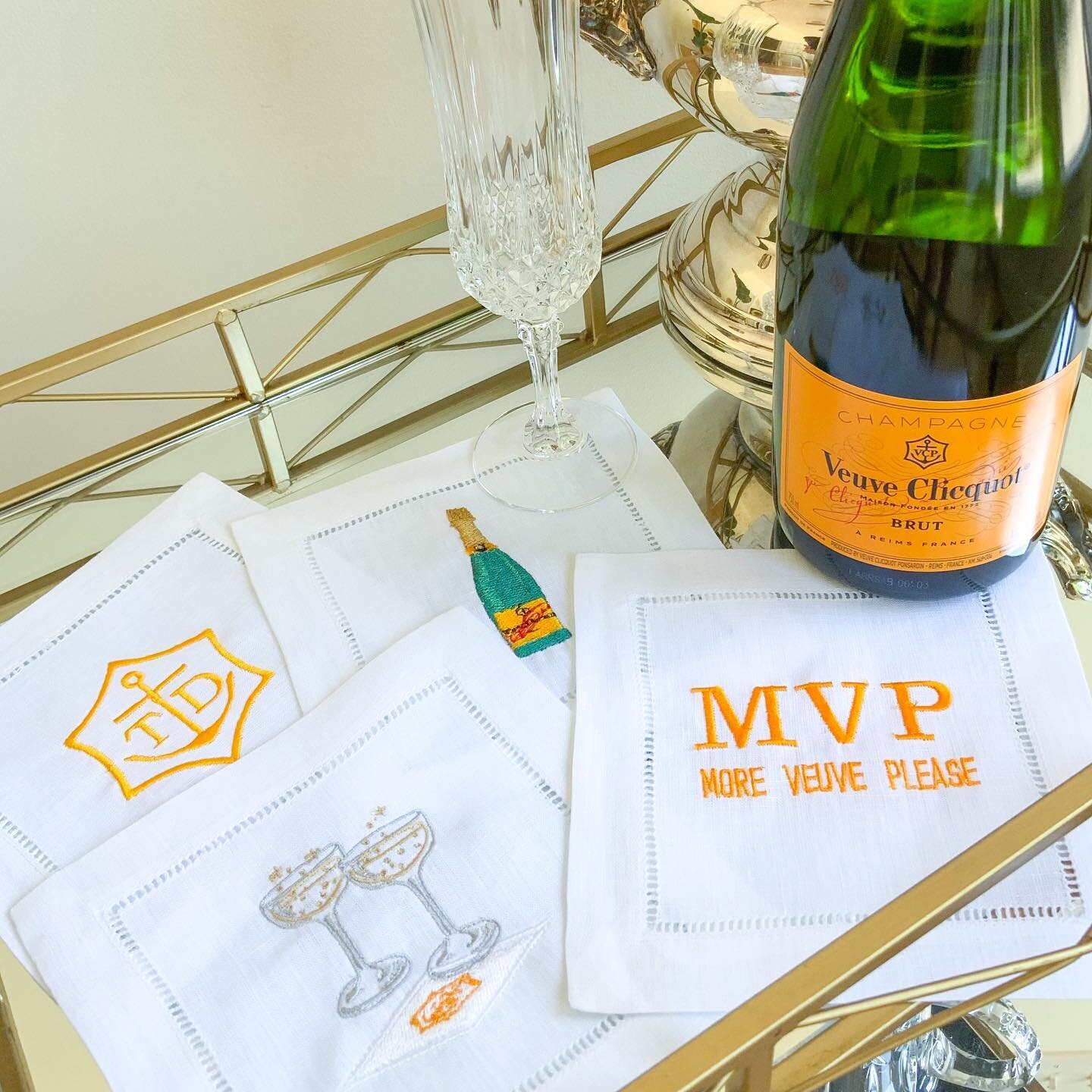 More Veuve Please! 🍾 Custom cocktail napkins make a fabulous gift! Order two sets - one for a gift and one for yourself! 🧡

#customembroiderystl #moreveuveplease #cocktailnapkins