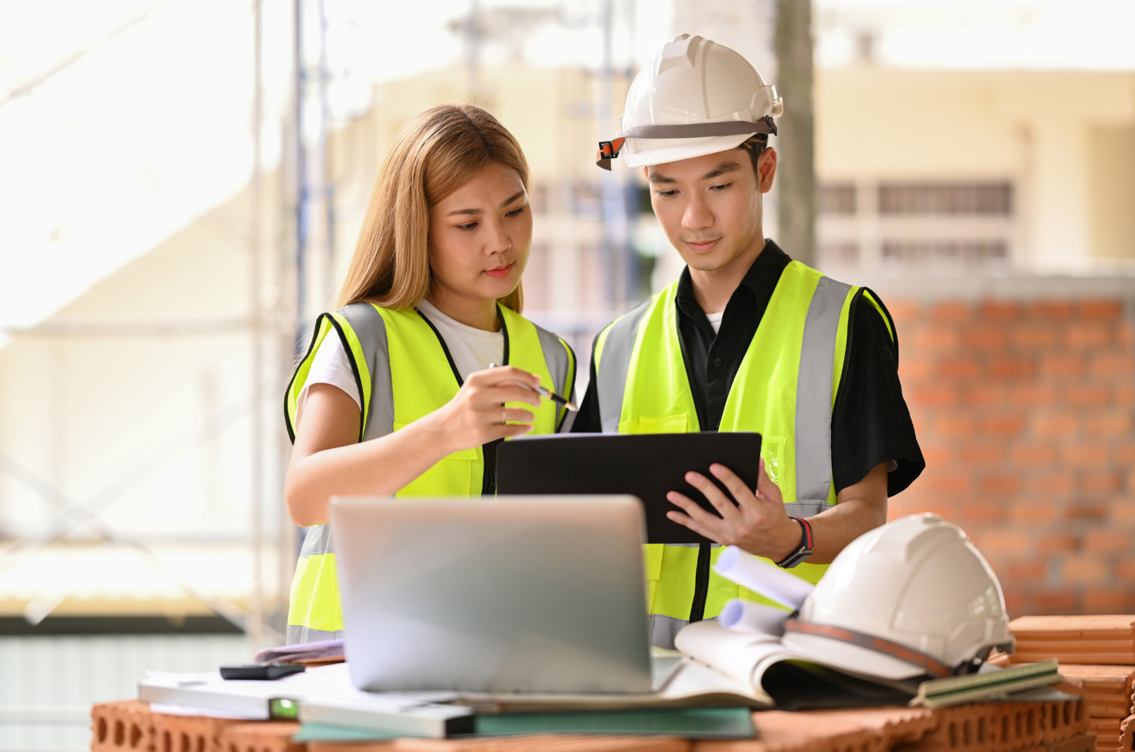Two construction workers, a woman and a man, reviewing plans and discussing at a construction site. They are wearing yellow safety vests and white hard hats, with construction materials and a laptop on the table in front of them.