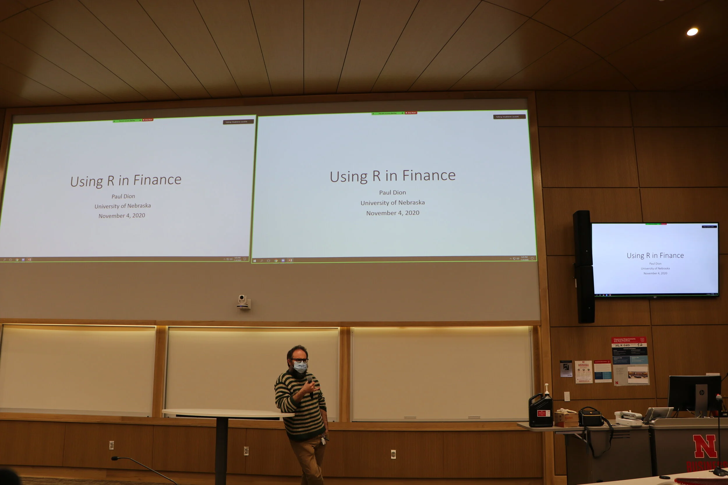 Dr. Paul Dion, a professor at UNL, begins his presentation on the usefulness of R software for Finance students.