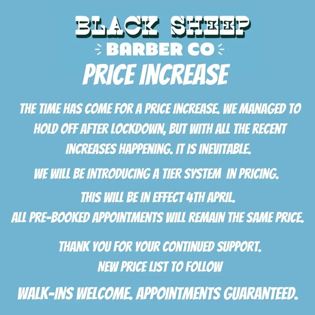 Coming into effect from 4th April. All pre-booked appointments, will remain the price when booked. Thank you for your continued support. 

#barbergang #barberlife  #Kent #hernebay #menshair #barberuk