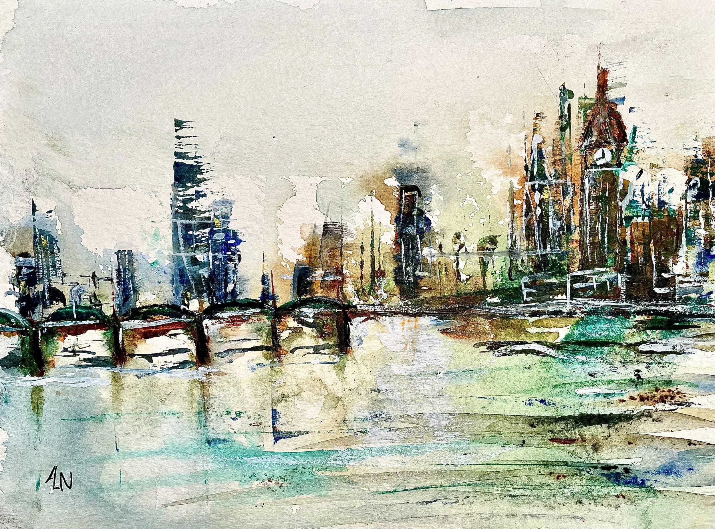 "London Bridge is Foggy Now" watercolor on paper, painted using plastic card and palette knife