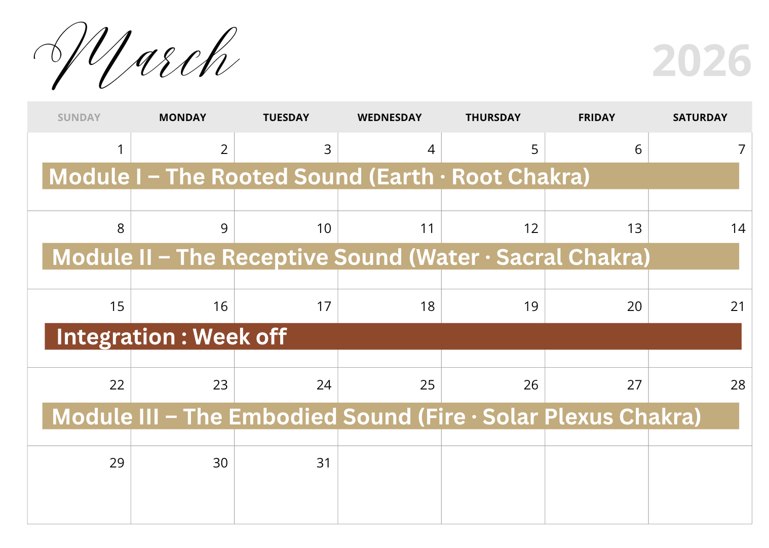March 2026 calendar with modules on Earth and Sacral Chakra, a week off, and a module on the Solar Plexus Chakra.