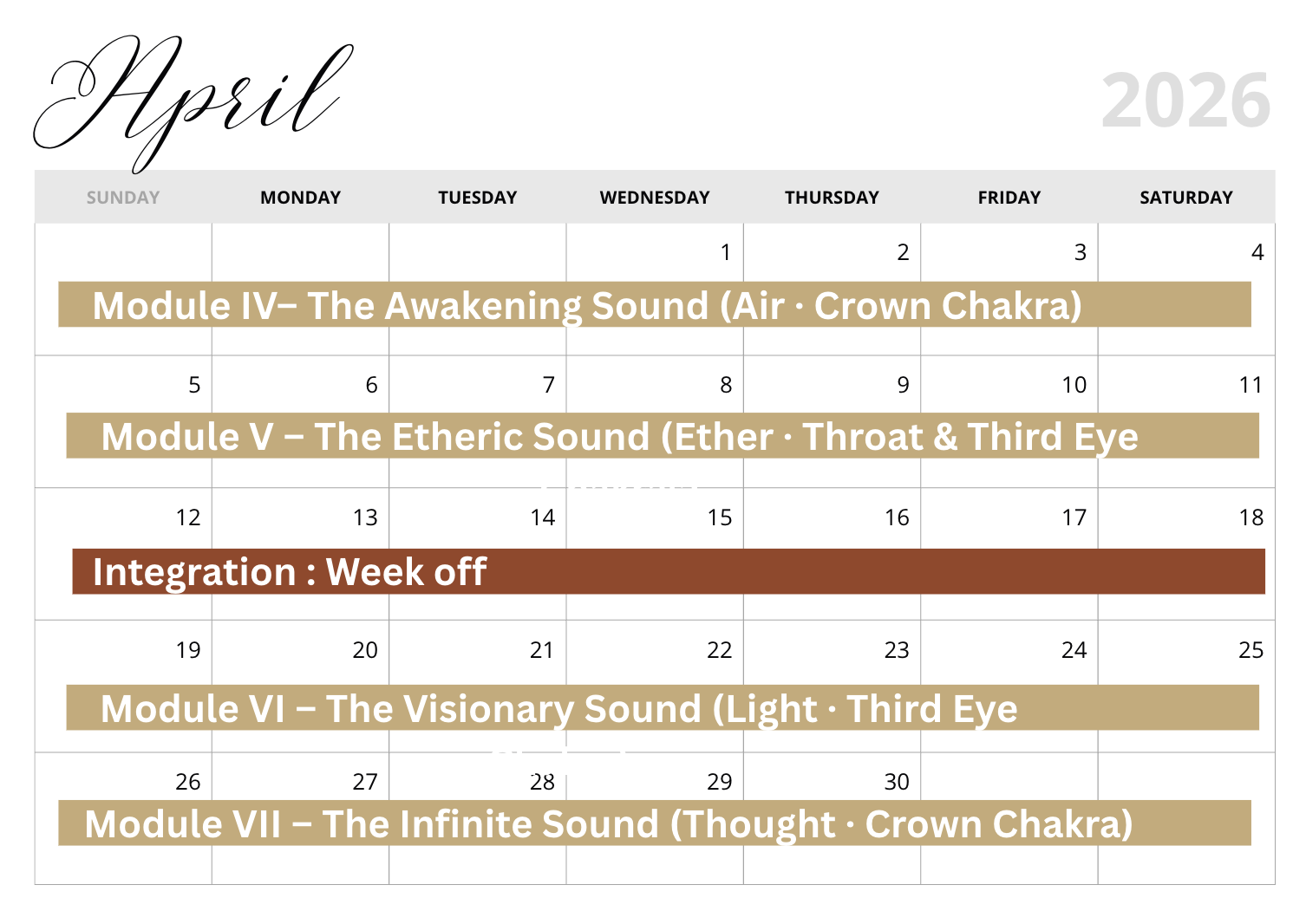 April 2026 calendar with scheduled modules and a week off. Modules include: Module IV, The Awakening Sound (Air · Crown Chakra); Module V, The Etheric Sound (Ether · Throat & Third Eye); Module VI, The Visionary Sound (Light · Third Eye); Module VII, The Infinite Sound (Thought · Crown Chakra). Week off from April 12 to 18.