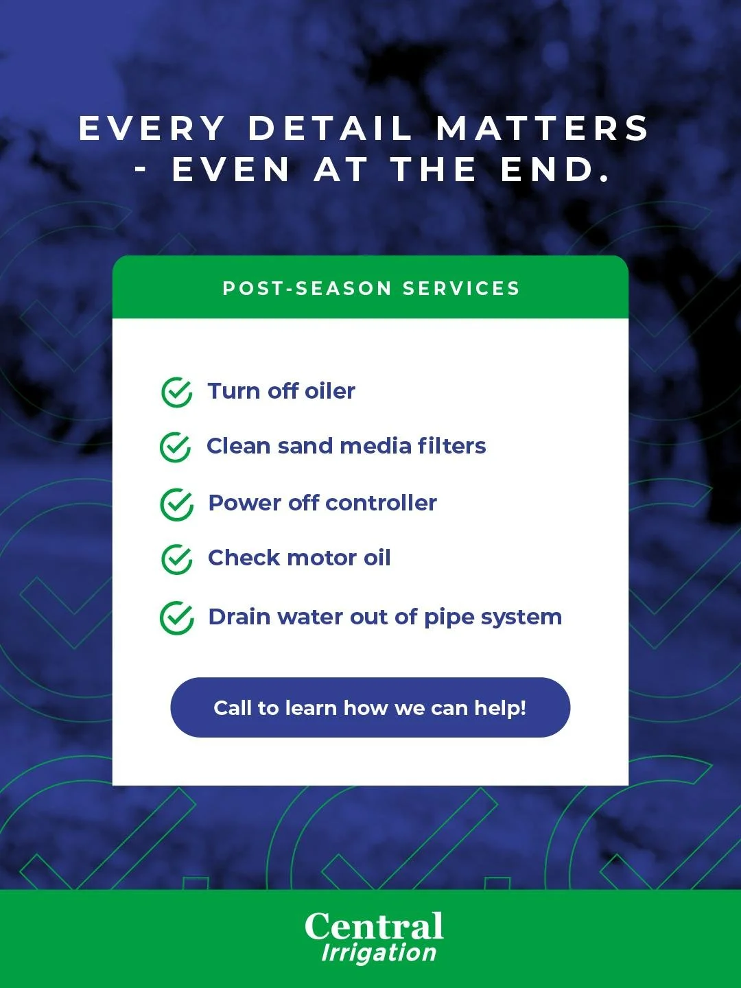 As harvest season is coming to an end, it&rsquo;s now time to do your system repairs and begin the winterization process. Give us a call and see how we can help.
