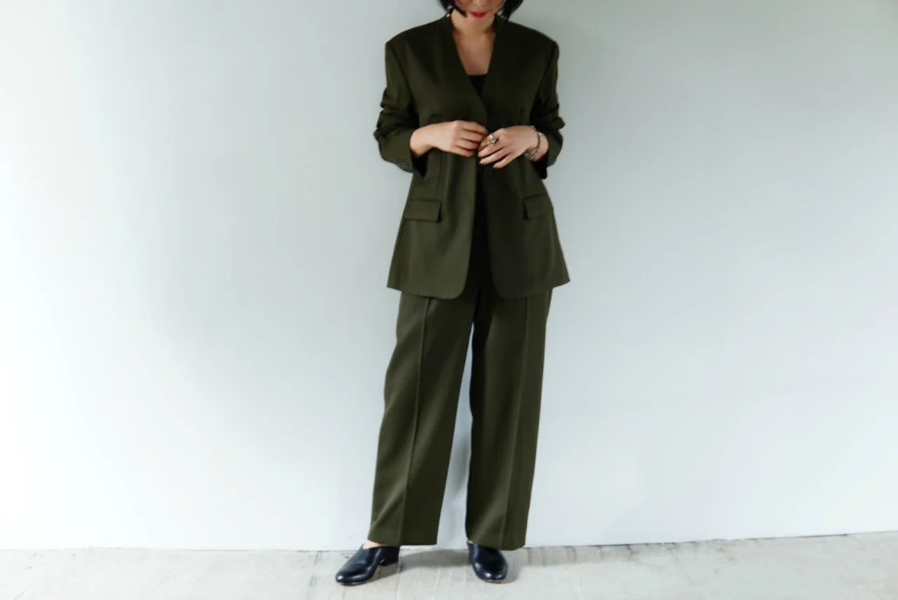 little suzie / Wool Gabardine No-collar Tailored Jacket  : Wide Slacks