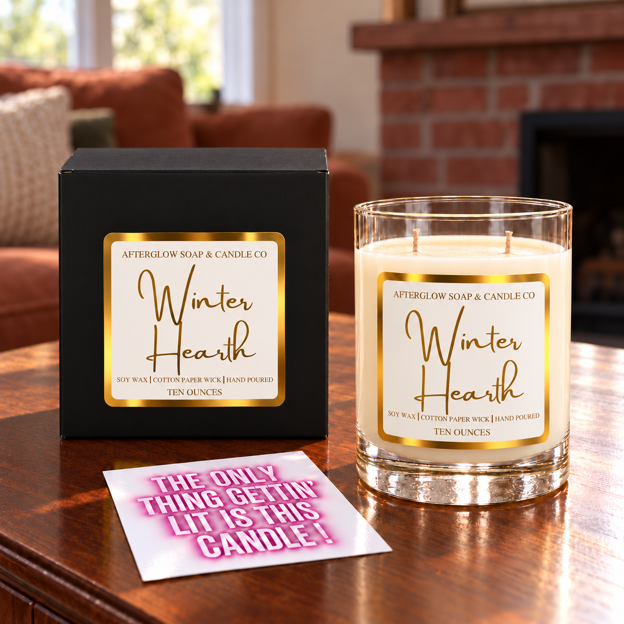 Winter Hearth candle with matching closed gift box and quote card.