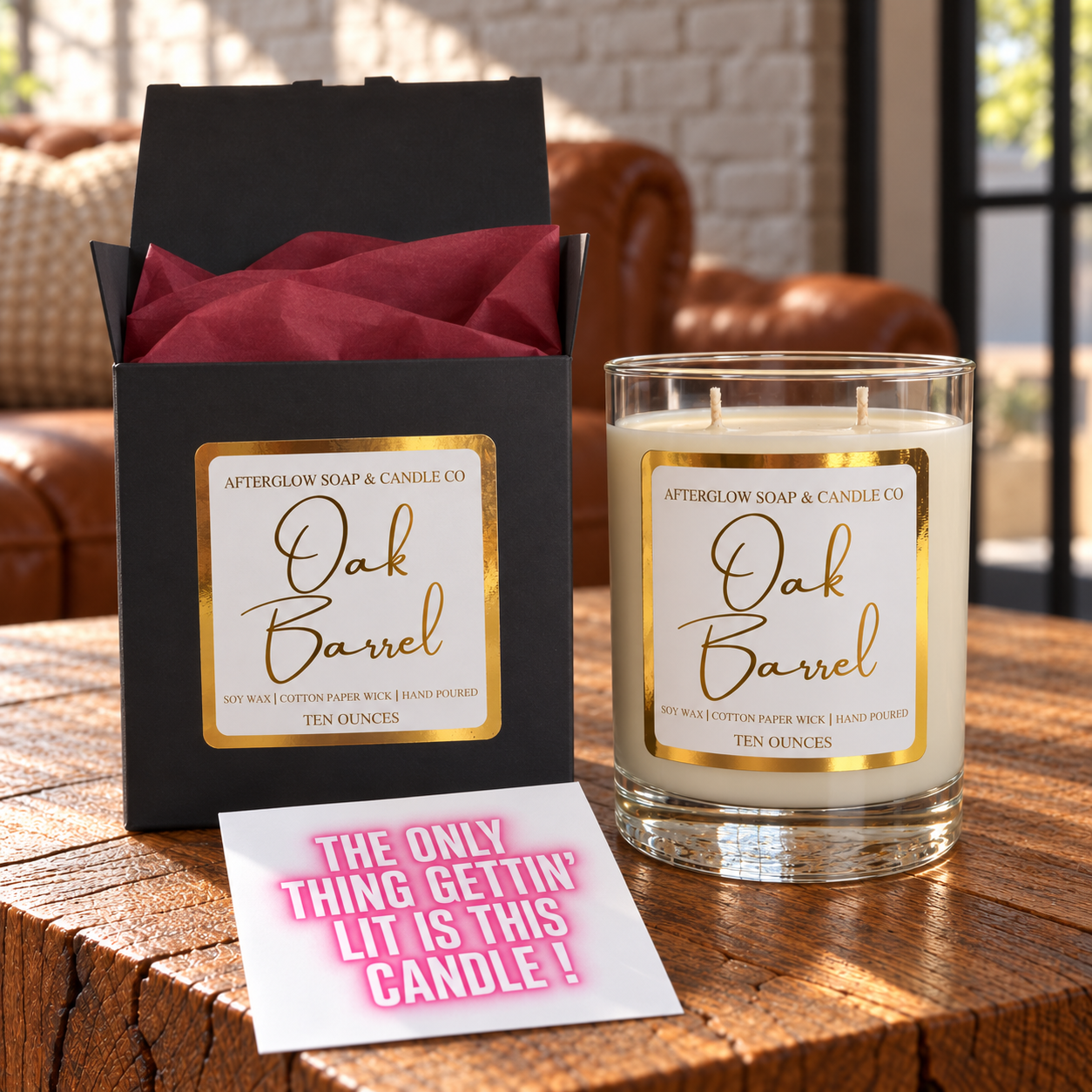 Oak Barrel candle with matching open gift box, cranberry tissue and quote card.