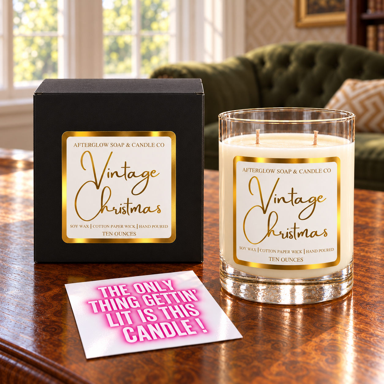 Vintage Christmas candle with matching closed gift box and quote card.