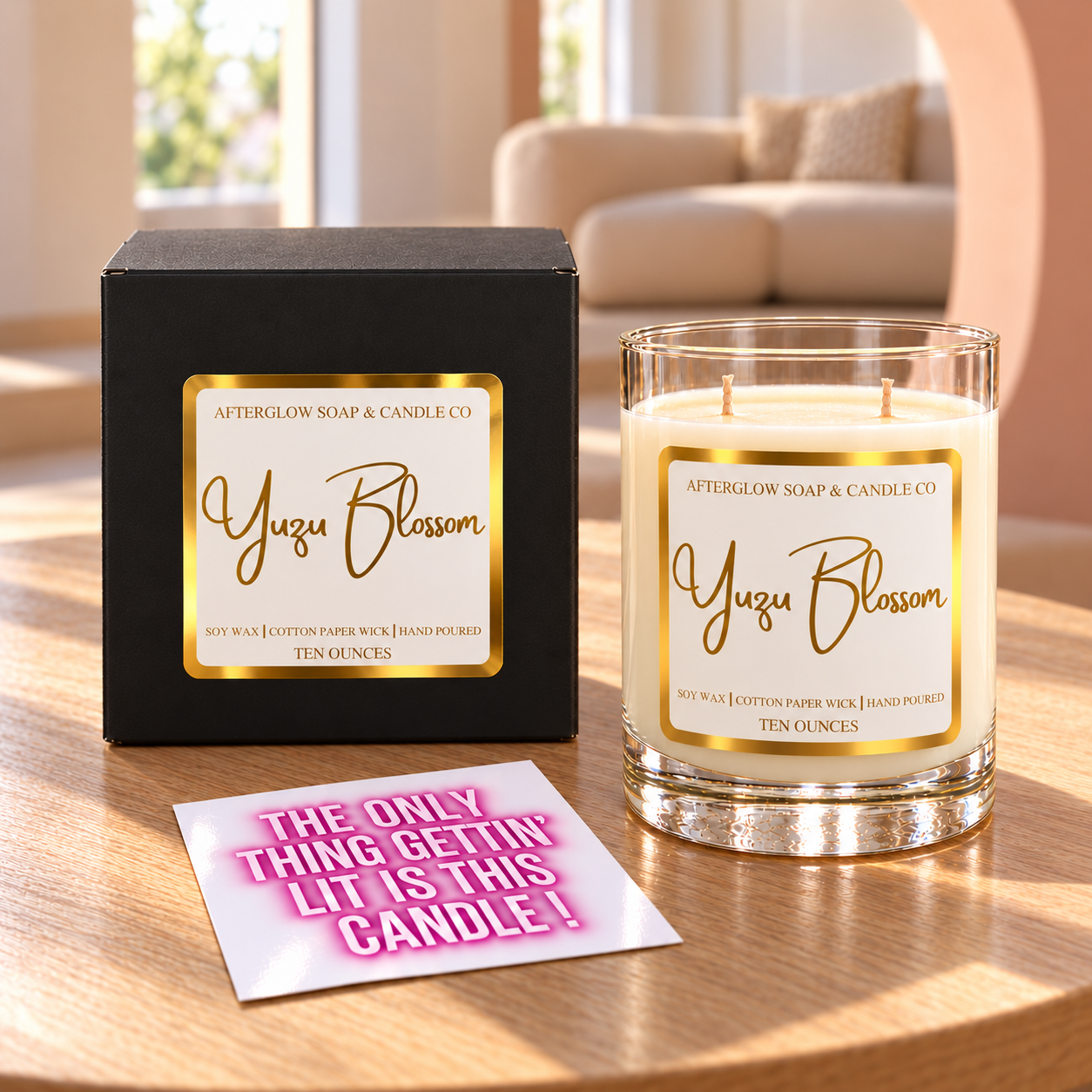 Yuzu Blossom candle with matching closed gift box and quote card.