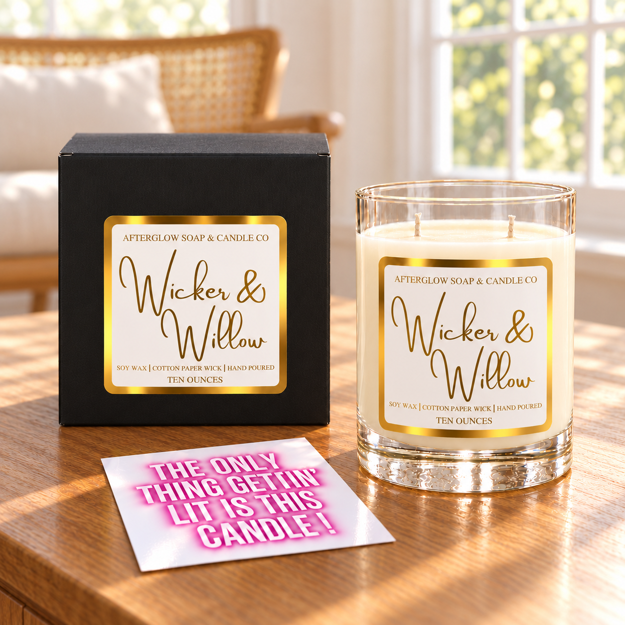 Wicker & Willow candle with matching closed gift box and quote card.