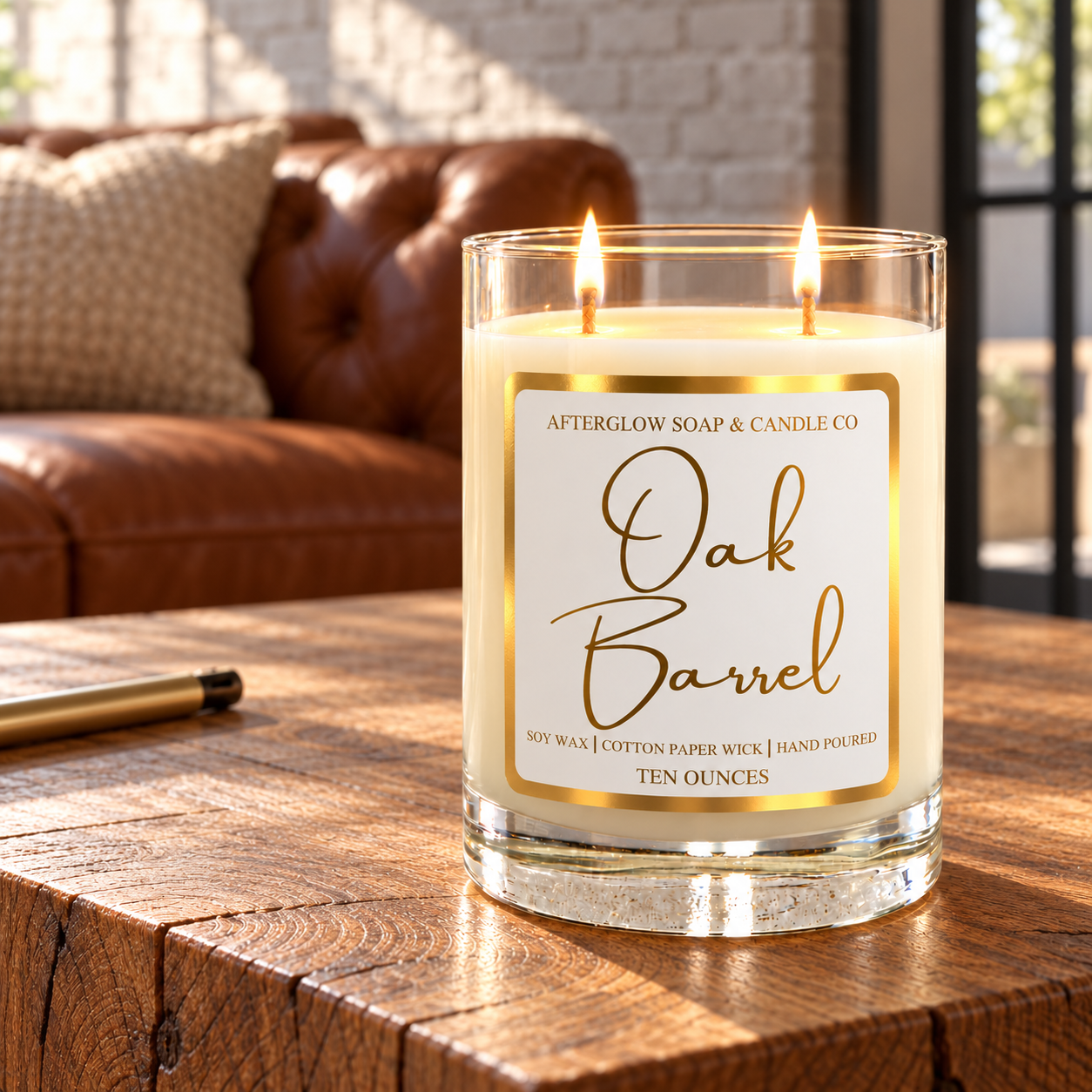 Oak Barrel candle on a table in a living room.