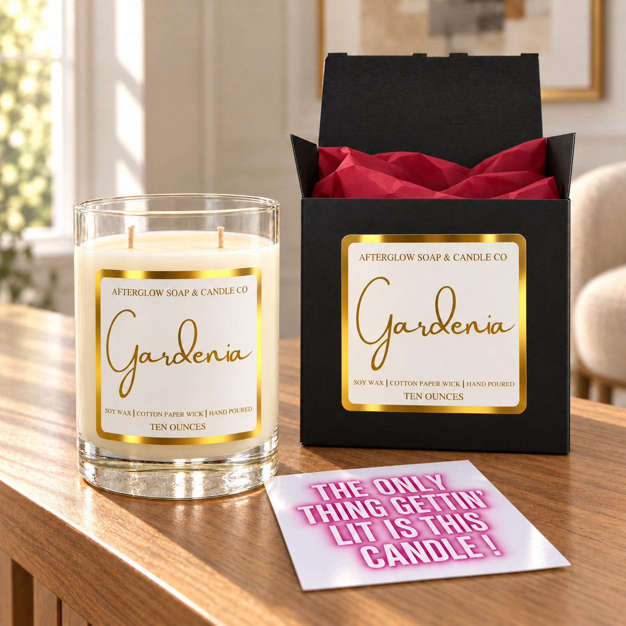 Gardenia candle with matching box and cranberry tissue.