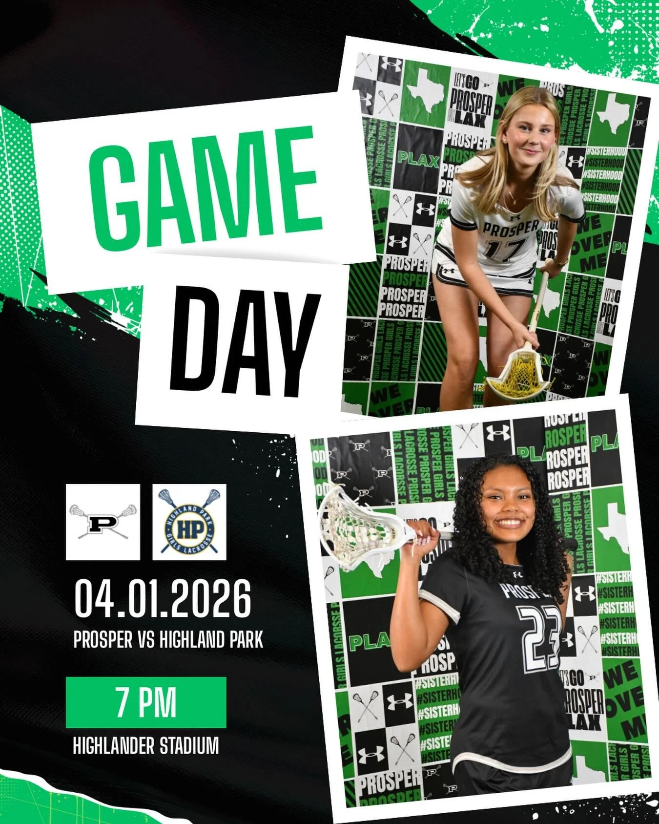 GAME DAYYYY!! 

Come support your Prosper girls lacrosse team tonight vs Highland Park 🥍

📍Highlander Stadium 

 ⏰ 7pm