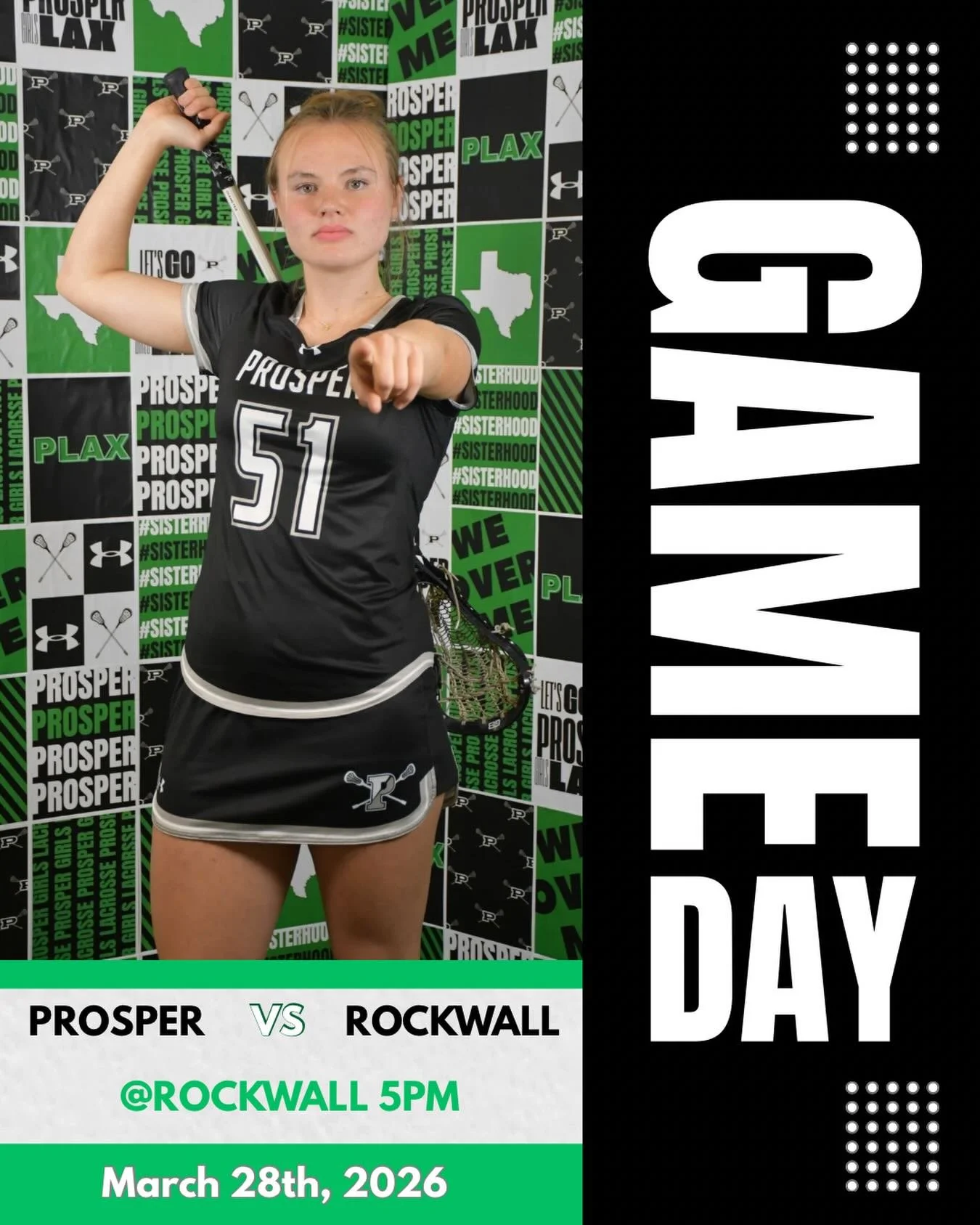 GAME DAYYY!!!
Your Prosper Girls Lacrosse team takes on Rockwall today at 5 PM
📍6620 Farm to Market Rd 3097, Rockwall Tx