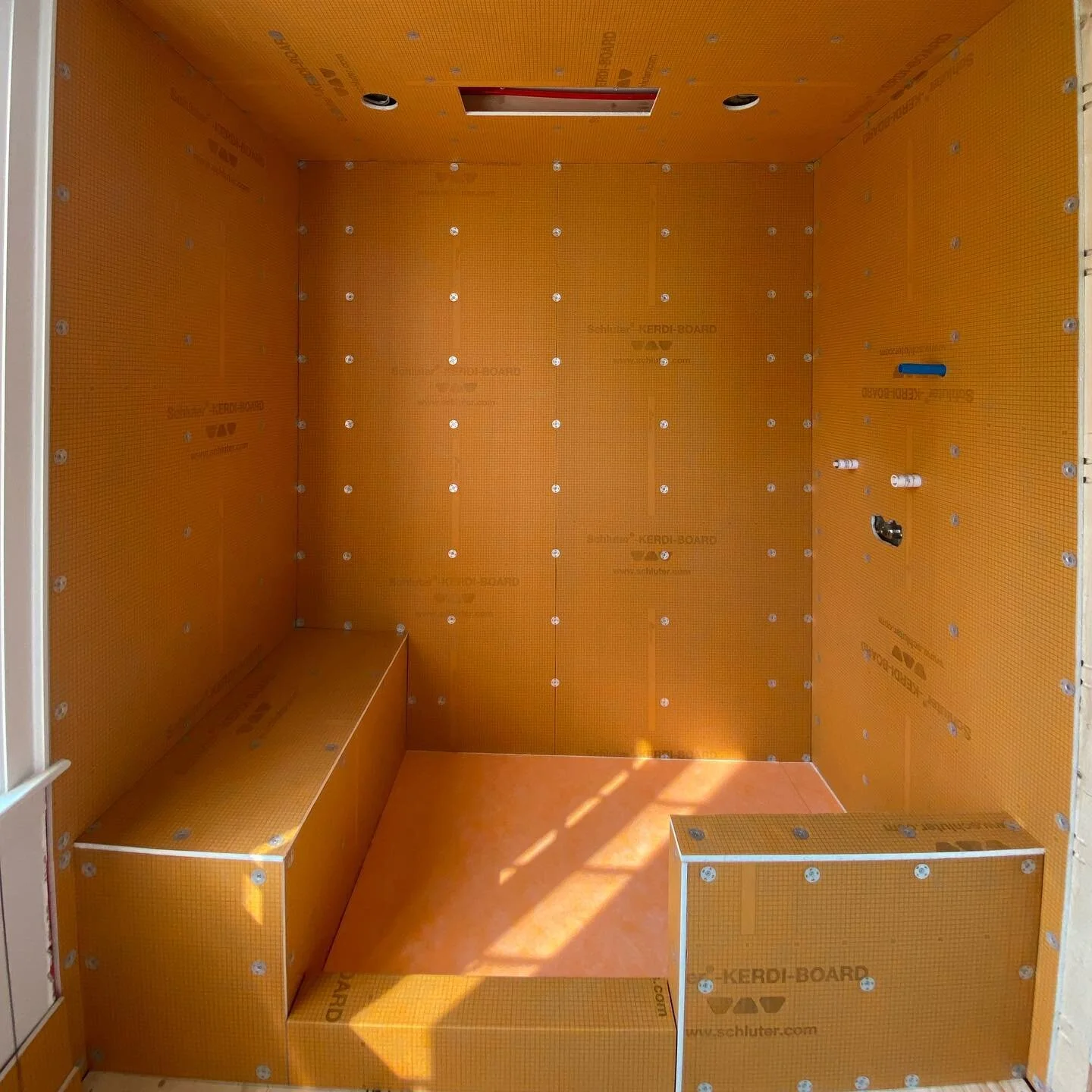 Master En-suite water proofing is in. I always love the way the shower looks at this stage. All the framing (bench, walls, knee wall, floor joist and sub flooring) were all removed and rebuilt squared up levelled and flattened. Next we&rsquo;ll drop 