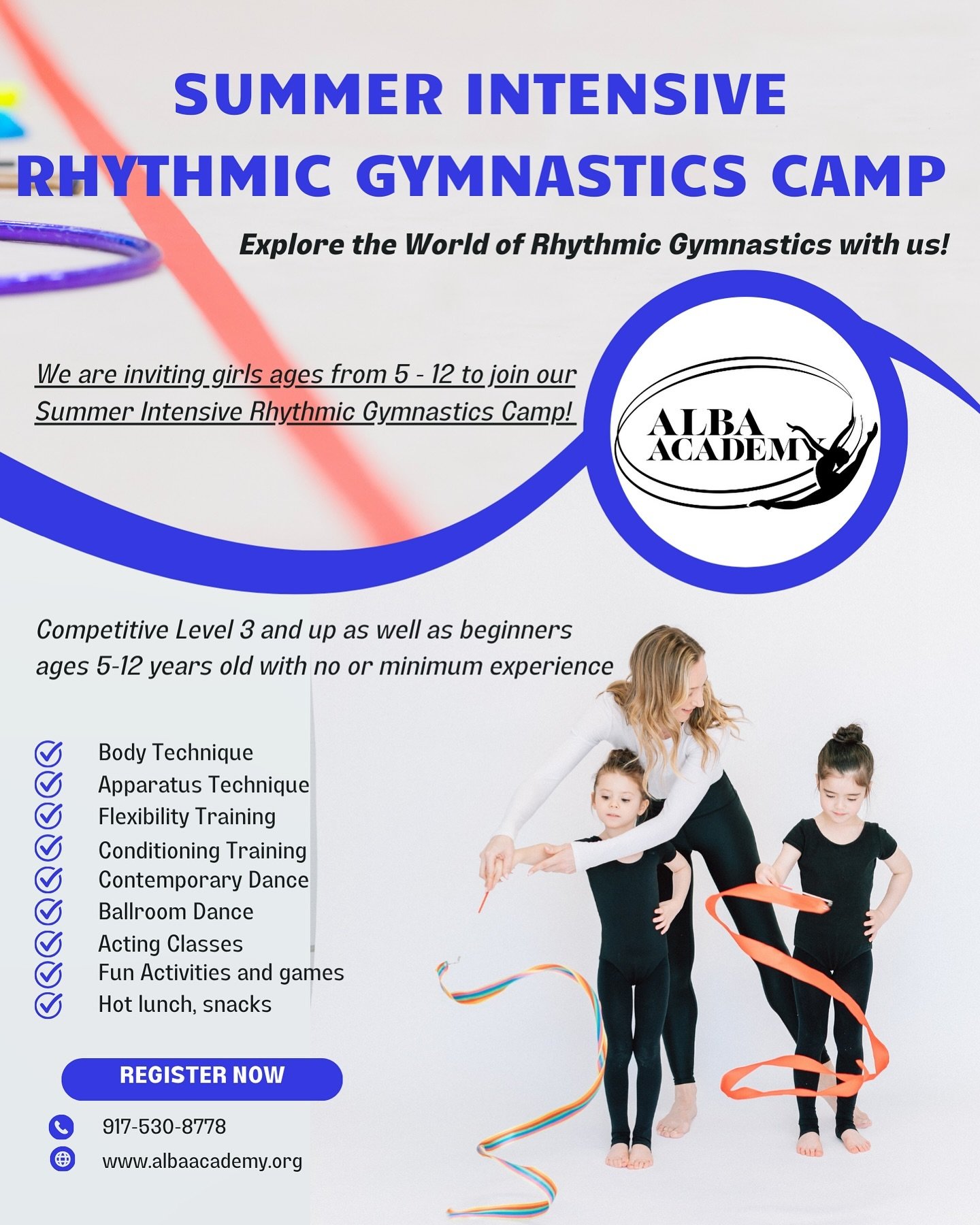 Join Our Summer Intensive Rhythmic Gymnastics Camp!

📅 Camp Dates: August 1st - August 23rd, 2024
 📍406 E 67th Street, New York, NY 10065

THE DEADLINE FOR REGISTRATION IS JUNE 30TH! 

Whether you&rsquo;re a beginner looking to learn the basics or 