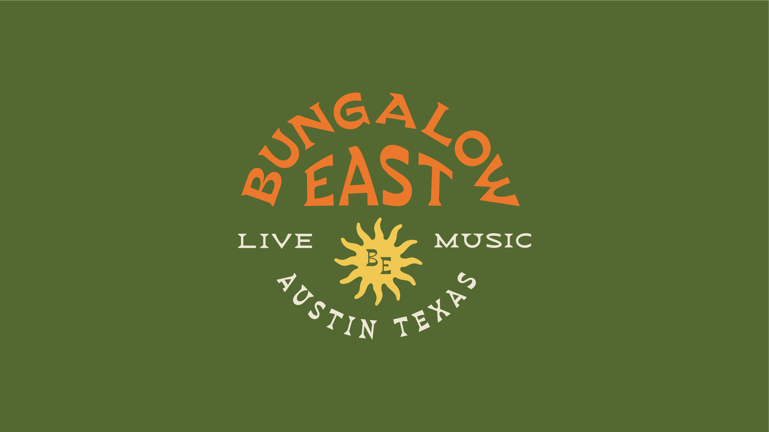 Logo for Bungalow East, a live music venue in Austin, Texas, featuring yellow and orange text and a yellow sunburst design on a green background.