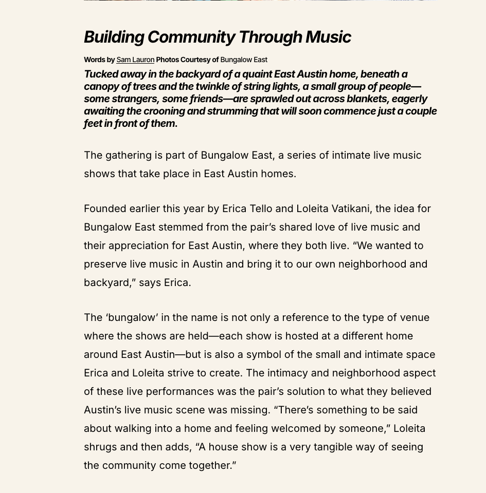 A newspaper article titled 'Building Community Through Music' with text about live music shows in East Austin, founded by Erica Tello and Loleita Vatikan, emphasizing intimacy and neighborhood connection.
