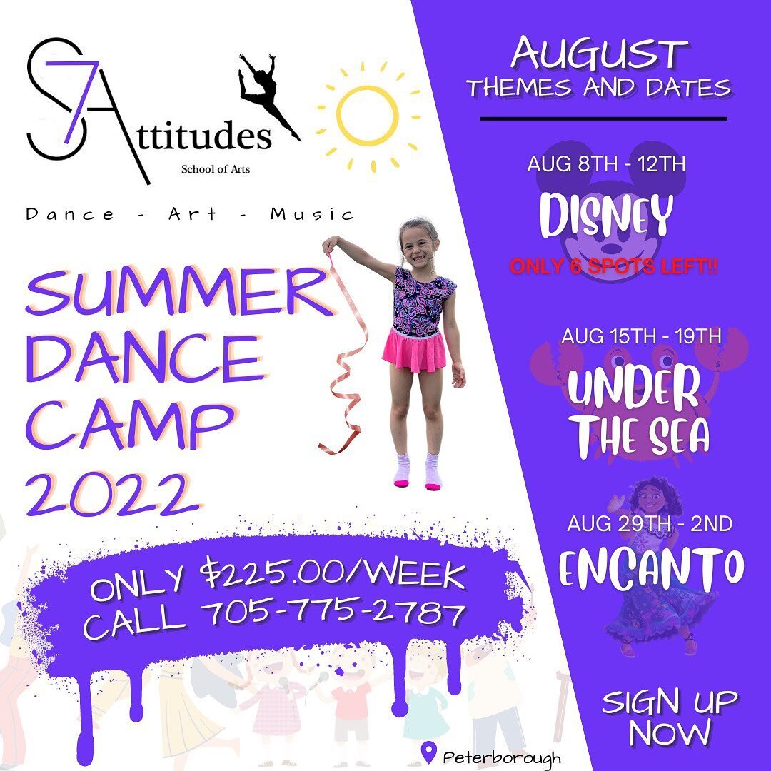 ☀️ Don&rsquo;t Miss out on the best Summer Camp this year!! DANCE, MUSIC, ACTING and some much fun!!! Only a few spots left! Chose your theme and sign up now!! 
💟 7attitudes.ca 
💟 customerservice@7attitudes.ca 
💟 705-775-2787

Camp Features:
💃 Da