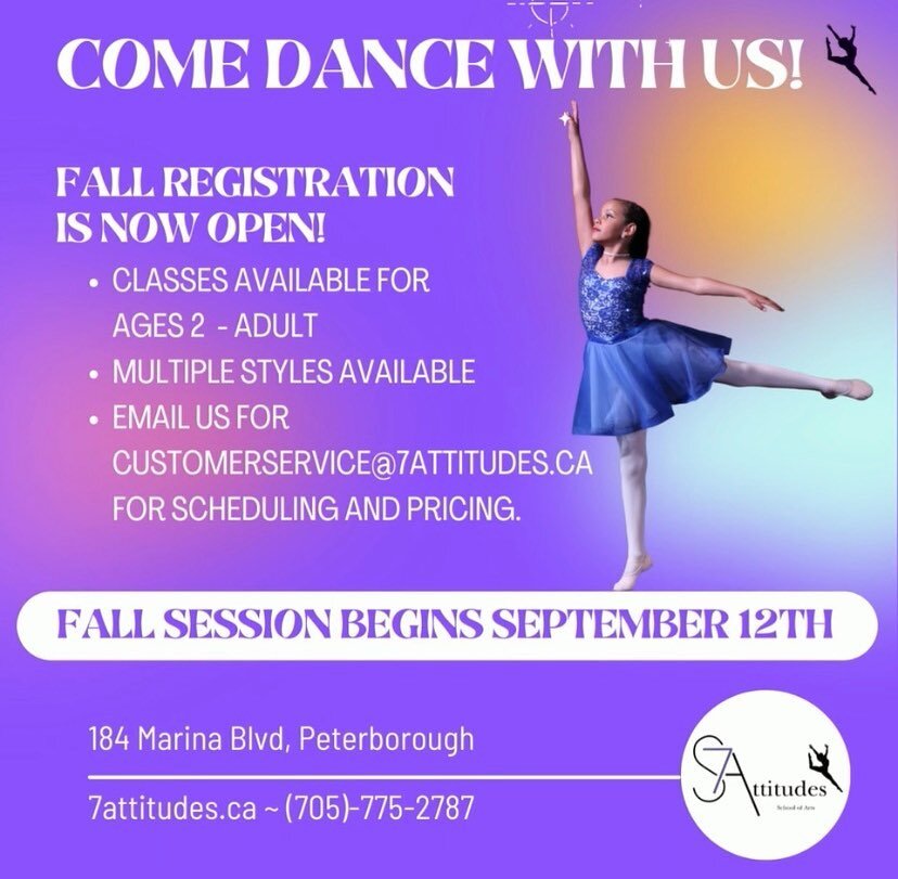 💜 It&rsquo;s that time of year again, and we can&rsquo;t wait to start dancing 💃 Check out or variety of styles available. Online registration is currently open! Spots are filling up quickly. 

Email us at customerservice@7attitudes.ca for
📝Progra