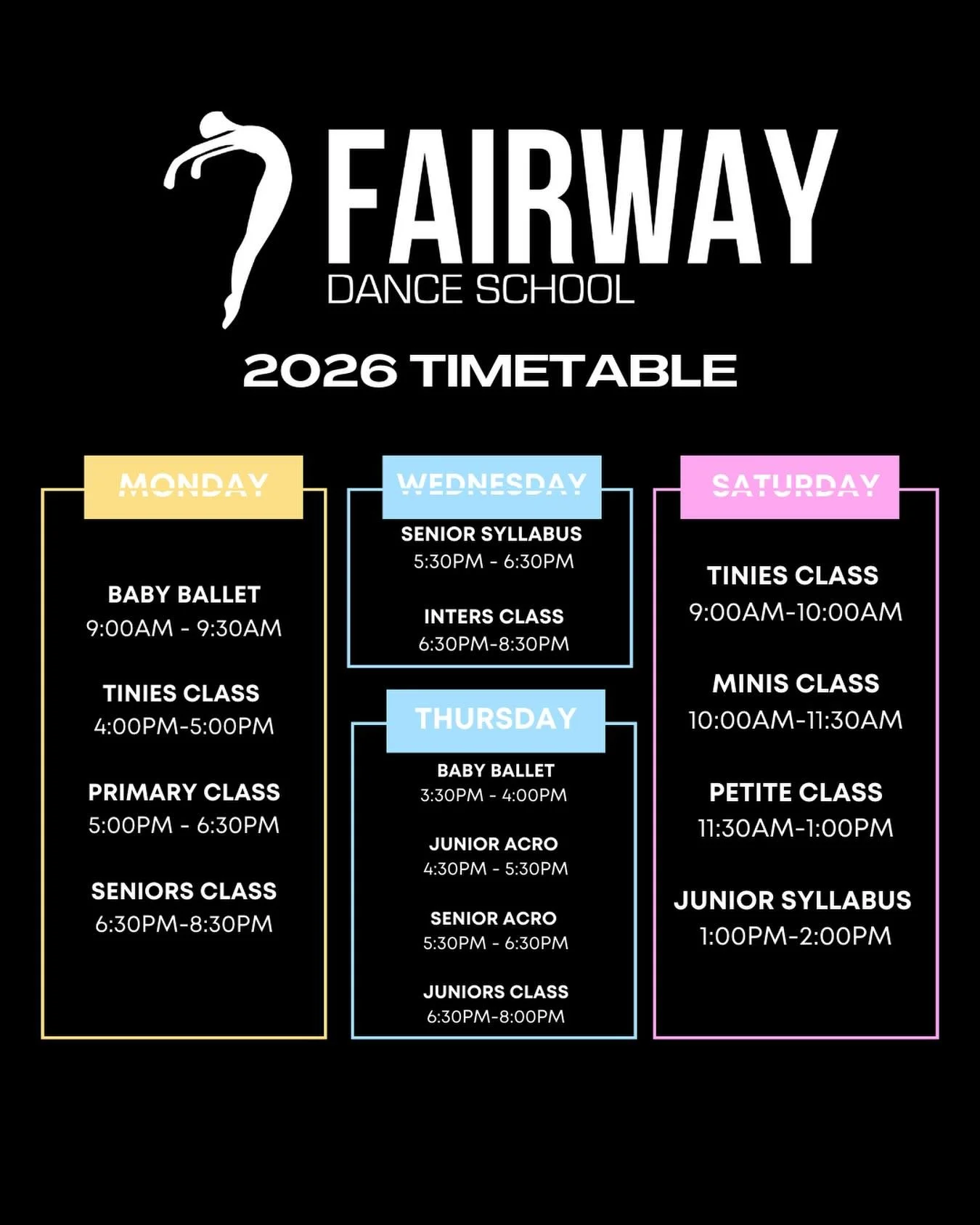 ✨ 2026 Timetable ✨

We&rsquo;re excited to share our 2026 class timetable, with a range of classes now available to enrol in. 
For full class details, levels and age groups, please visit our website via the link in bio.

🤍 Enrolments are now open 🤍
