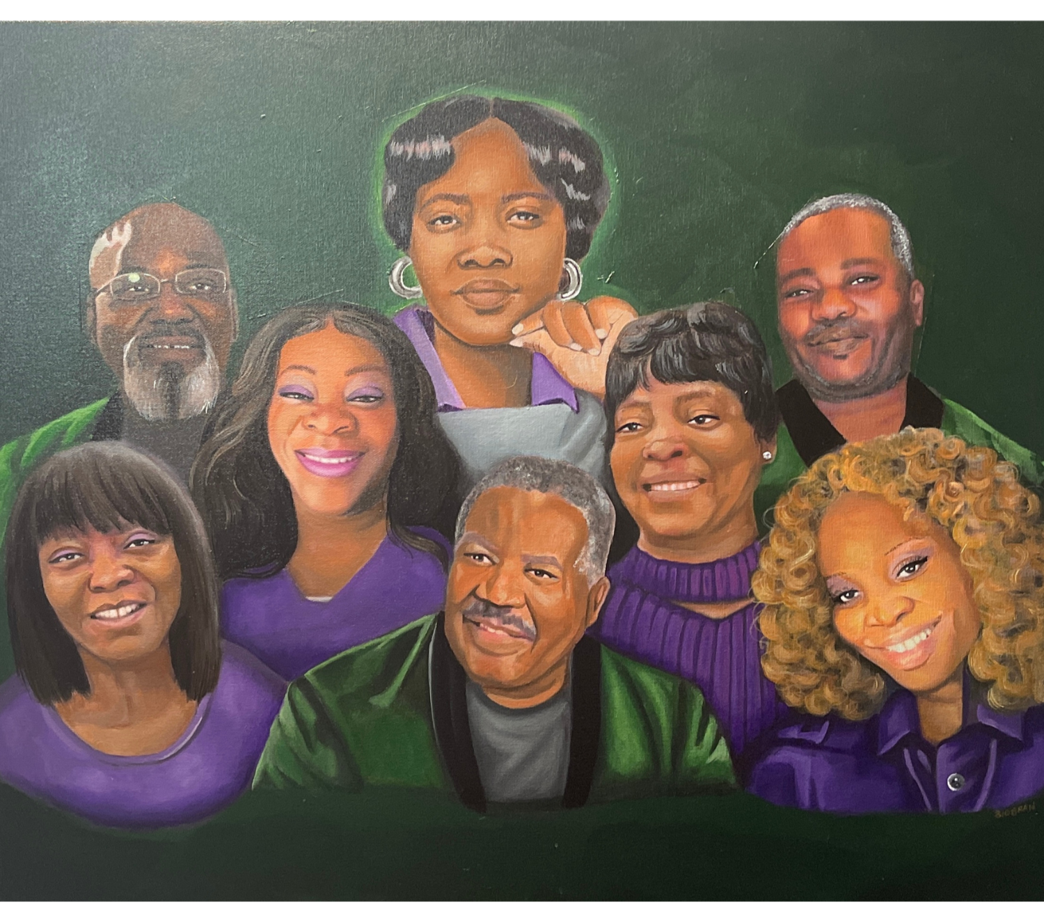 A painted portrait of nine diverse adults, all smiling, against a green background, dressed in purple and green clothing.