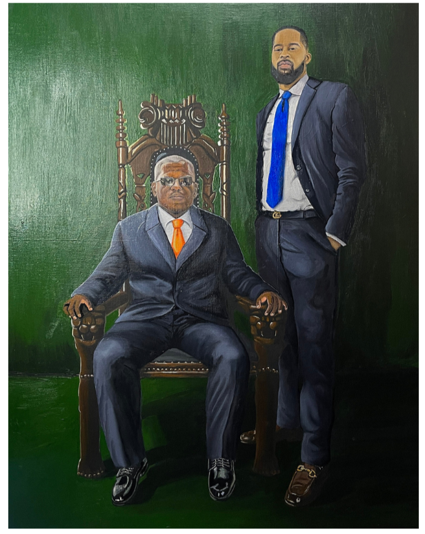 A painting of two men in suits, one seated on an ornate wooden throne with a green background, and the other standing beside him with one hand in his pocket.