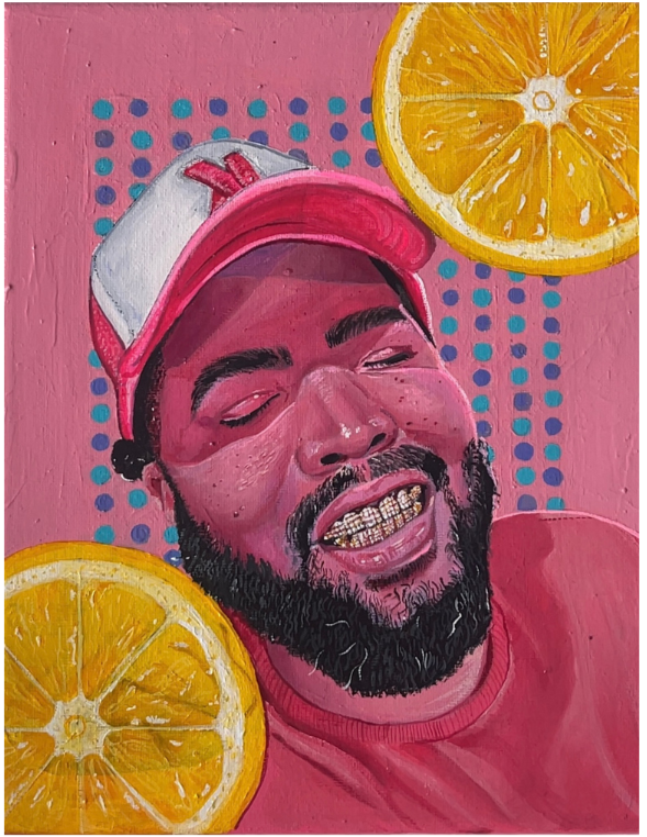 Painting of a smiling man with a beard and grill, wearing a pink baseball cap and shirt, surrounded by slices of orange on a pink background with blue dots.
