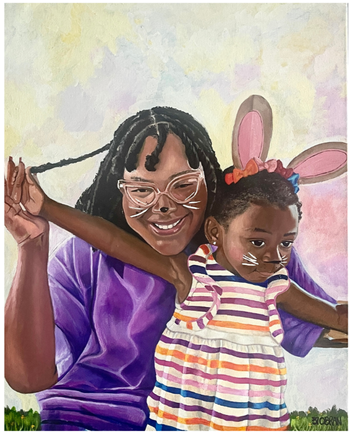 A woman with glasses and face paint smiling with a young girl who is dressed as a bunny with pink ears, both with face paint, in a colorful painting.