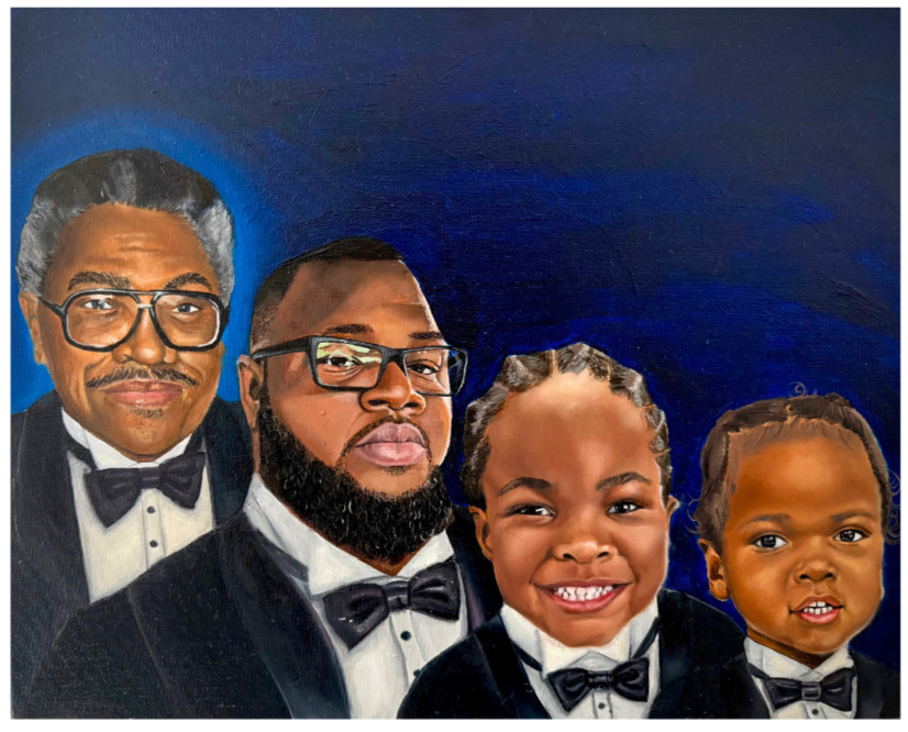 Painting of a family of four in formal tuxedos, smiling against a dark blue background.