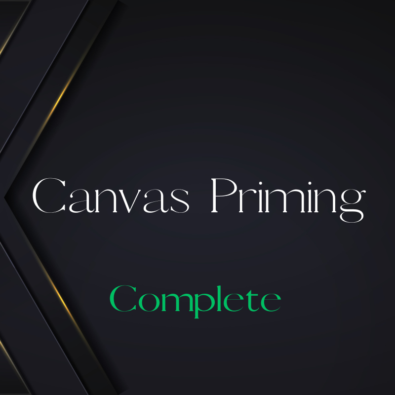 A presentation slide with the title 'Canvas Priming' and the word 'Complete' in green text on a dark background with decorative black and gold diagonal lines.