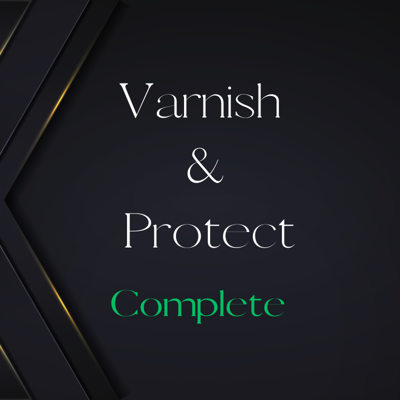 Black background with gold and black geometric designs, and the text "Varnish & Protect" in white