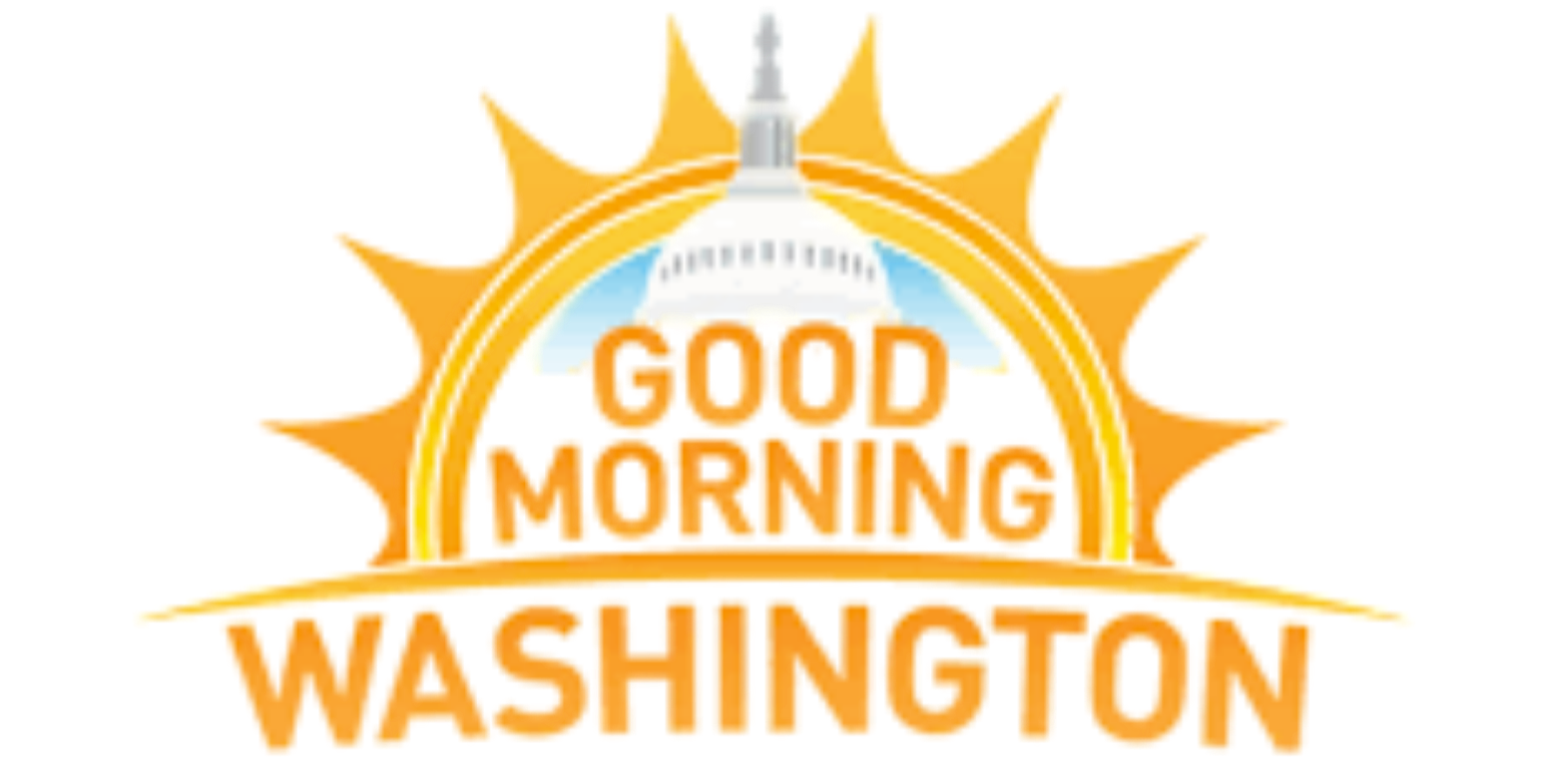 Sun graphic with the shape of the U.S. Capitol building in the center, text 'Good Morning Washington' in orange, with a sunrise design.
