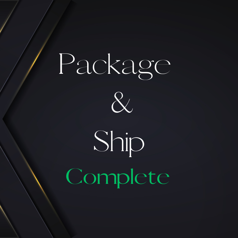 A black background with diagonal black and gold lines, and the words 'Package & Ship' in white text.