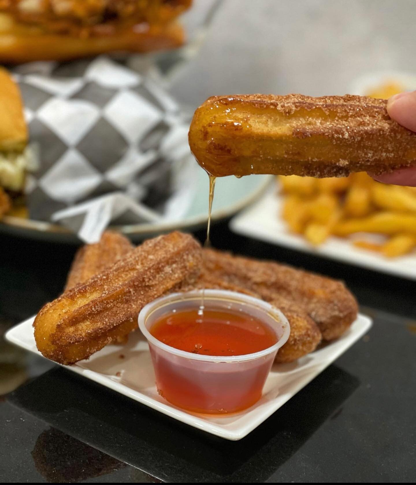 @letseatwithv woke up and chose Lil Churros! All churro orders come with a side of Hot Honey. Are you picking Cinnamon or Mexican Chocolate sugar? 🤤 #loveburnchicken #lilchurros #myloveisonfire #letitburn
