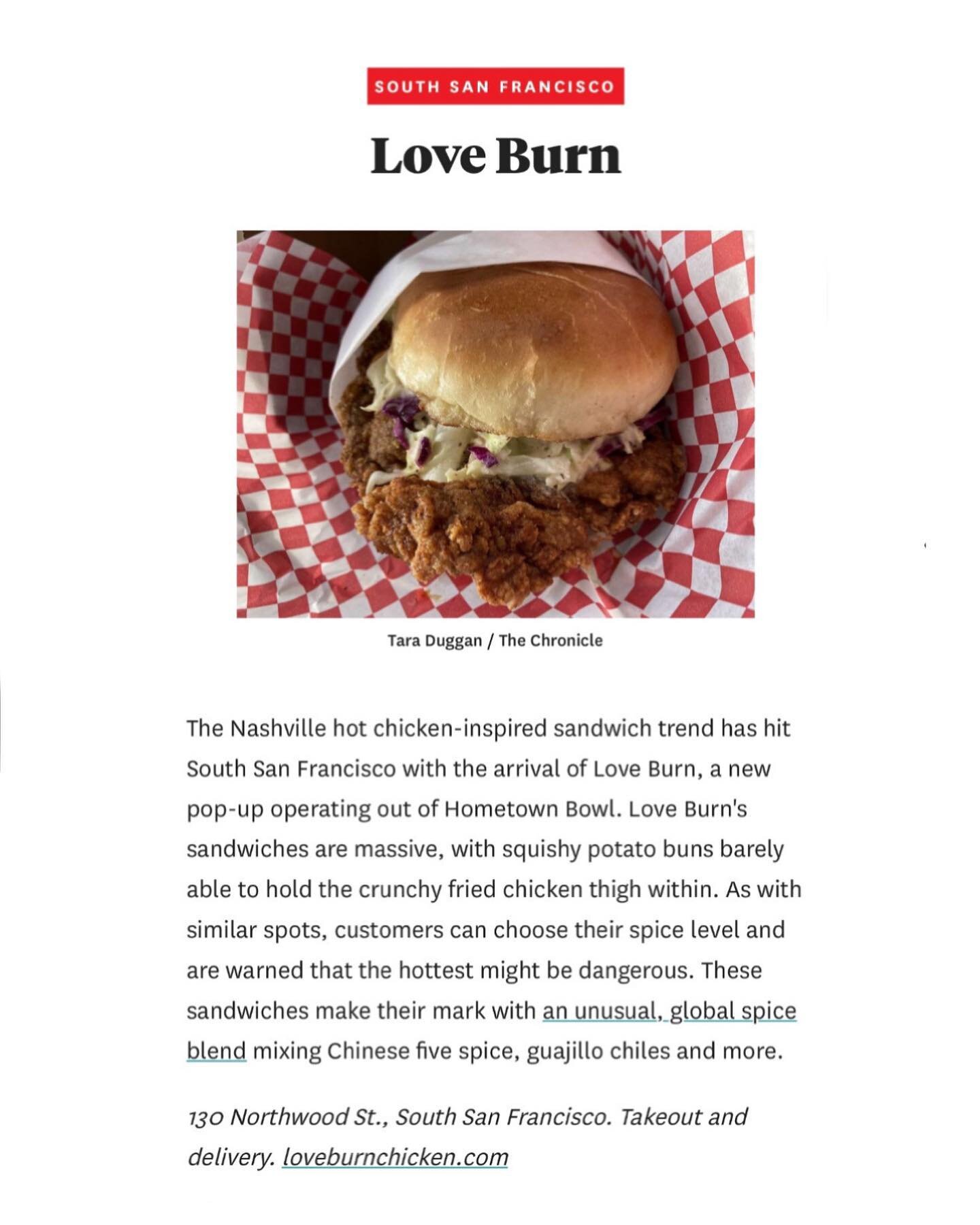 In search of weekend plans? Hit the @sfchronicle link in bio! Thank you @taracduggan for stopping by and including us in this 🤤 worthy list of new restaurants to visit! 
-
Open Tuesday through Sunday 11am - 9pm 🥵 #loveburnchicken #burnbabyburn #let