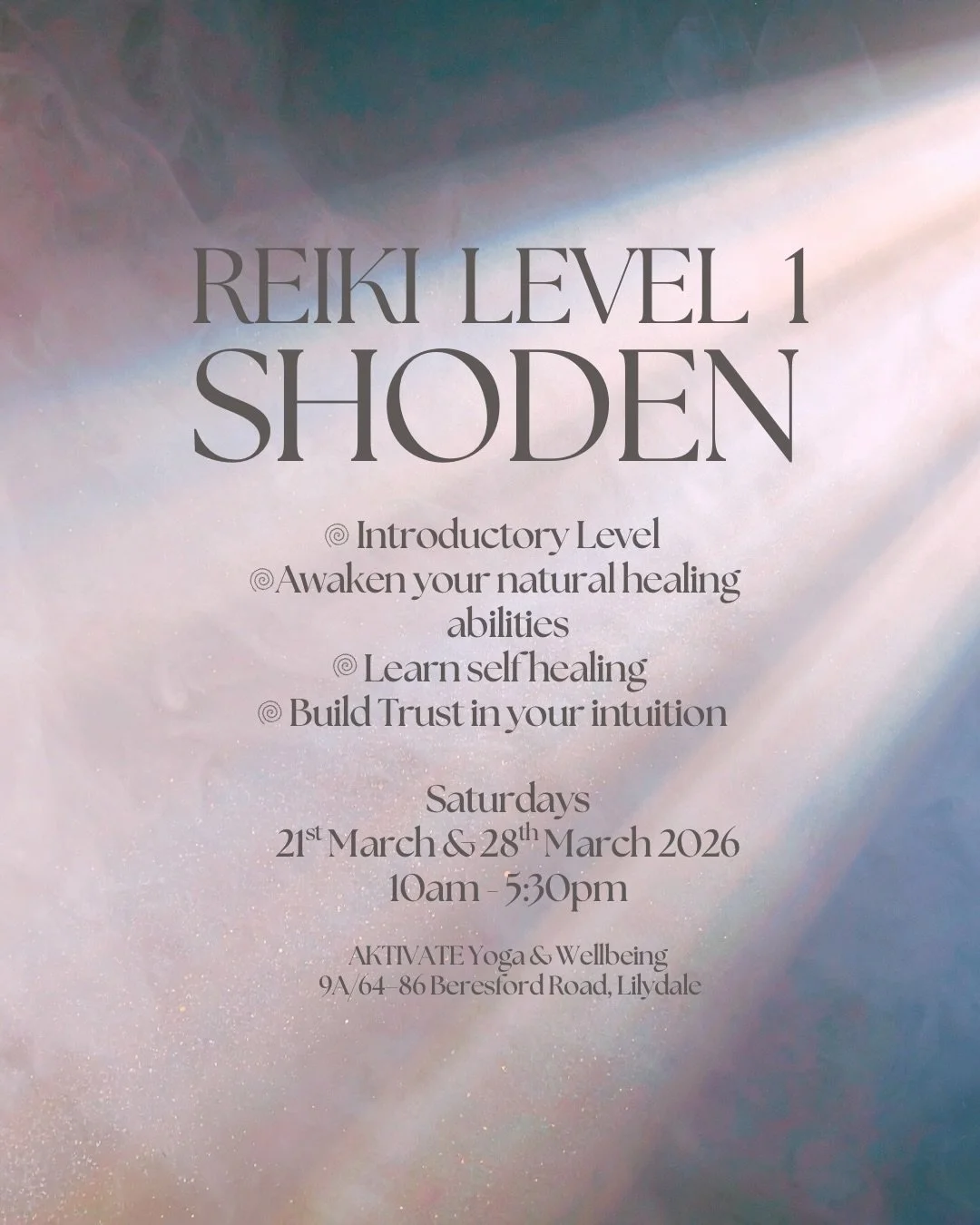 R E I K I  L E V E L  1 
🪶 Use code EARLYBIRD until 22nd Feb 2026 

Reiki Level 1, AKTIVATE Your Inner Healer is the beginning of your Reiki journey. A powerful and transformative initiation into energy healing. Over two nurturing Saturdays, you&rsq